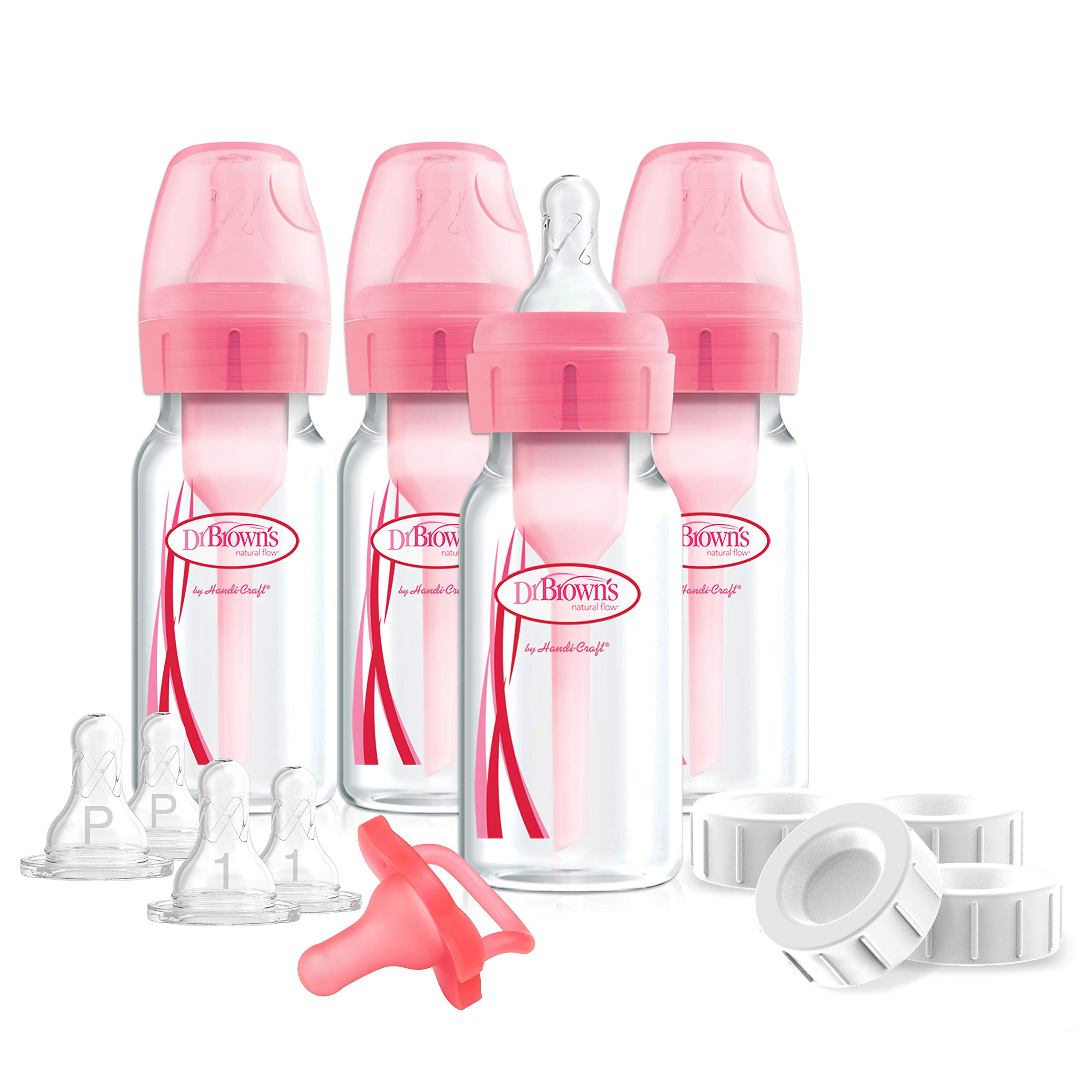 Dr. Brown's Options+ Slow Flow Anti-Colic Baby Bottle Set - BPA-Free Newborn Feeding Bottles with Gift Box | Pink | Perfect for Breastfed Babies & Reducing Gas & Colic