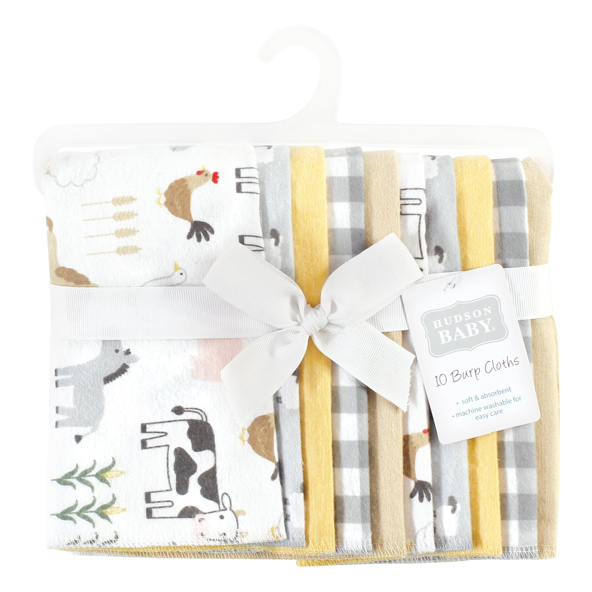 Hudson Baby Unisex Cotton Flannel Burp Cloths - Soft Absorbent 10-Pack for Newborns & Infants - Cute Farm Animal Design - Perfect for Feeding, Spit-Up & Messy Moments