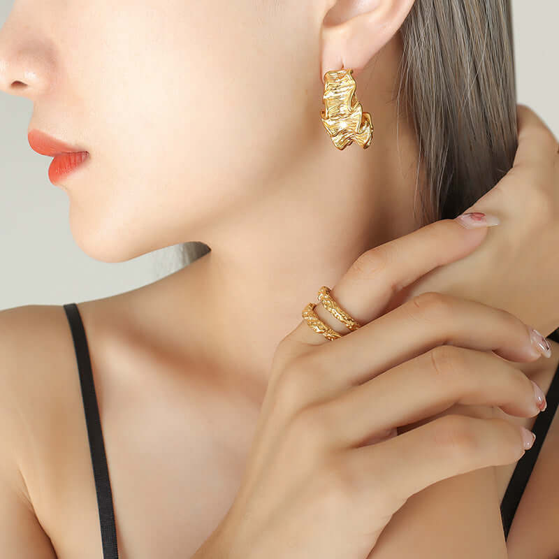 18K Gold Crinkle Huggie Hoop Earrings for Women | Trendy Everyday & Party Jewelry | F219