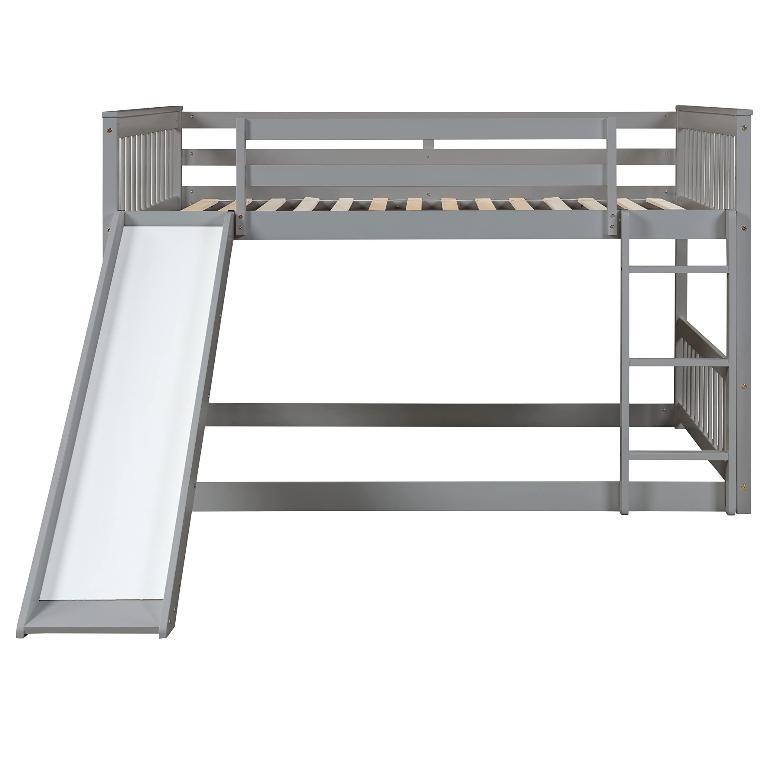 SOFTSEA Full Over Full Bunk Bed with Slide & Ladder - Low Profile Kids Bunk Bed with Safety Guardrails - Solid Wood Frame Twin Bunk Bed in Gray - Perfect for Small Bedrooms, Kids' Rooms & Sleepovers