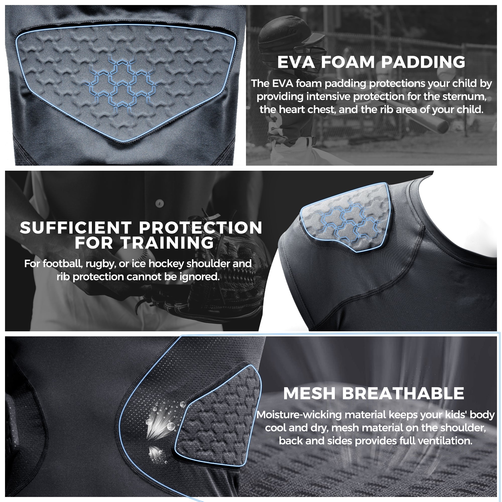 COOLOMG Youth Football Padded Compression Shirt with Chest & Shoulder Protection - CF004 - Lightweight Armor for Tackle Football Practice & Games