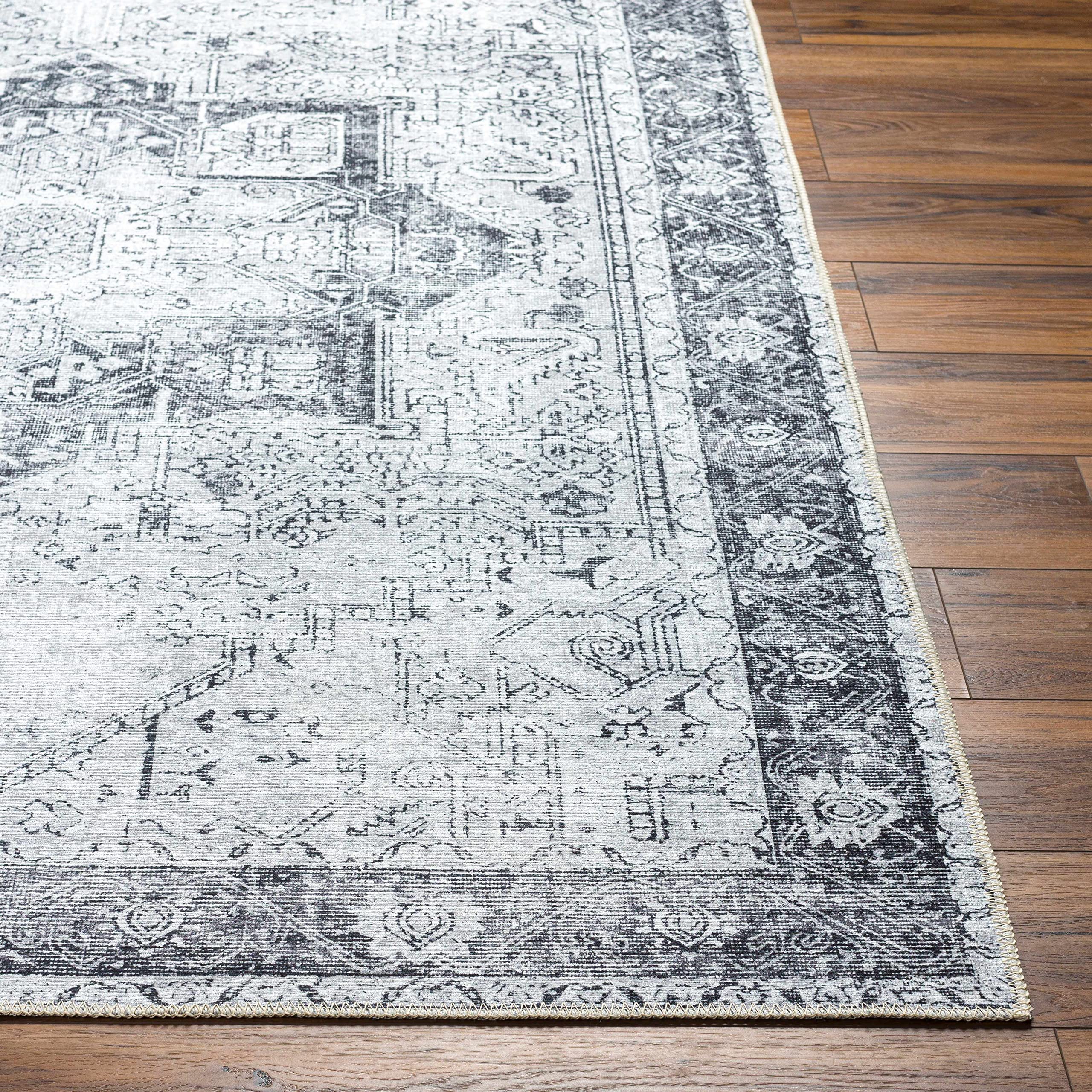 Hauteloom Kyan Washable Area Rug - Traditional Design in Gray, Black, Peach - 6'7