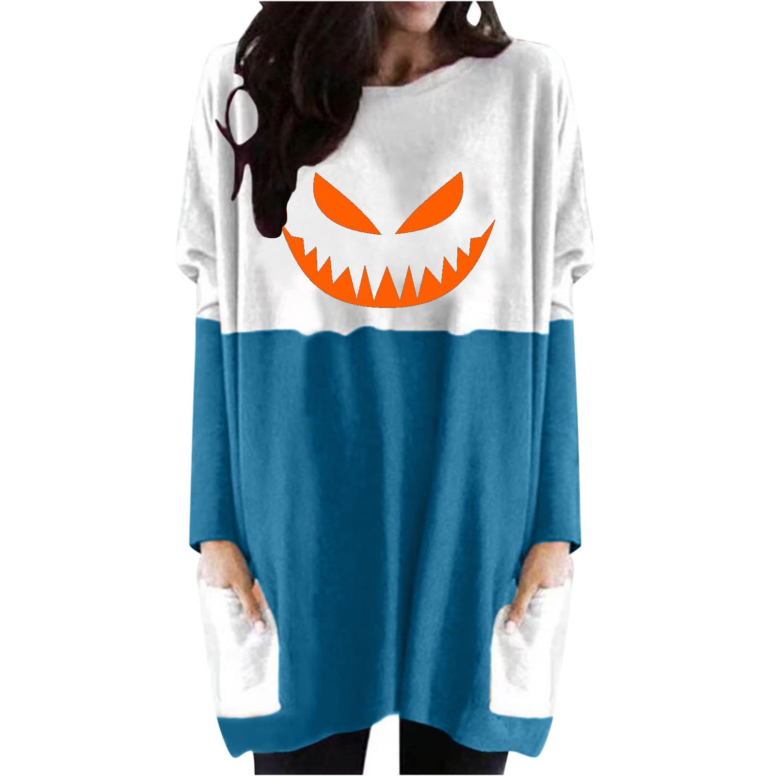 Women's Casual Loose Blouse Dress with Pockets - Long Sleeve Round Neck Printed Tops for Halloween & Fall Fashion | Perfect for Autumn Outfits, Office Wear & Party Costumes