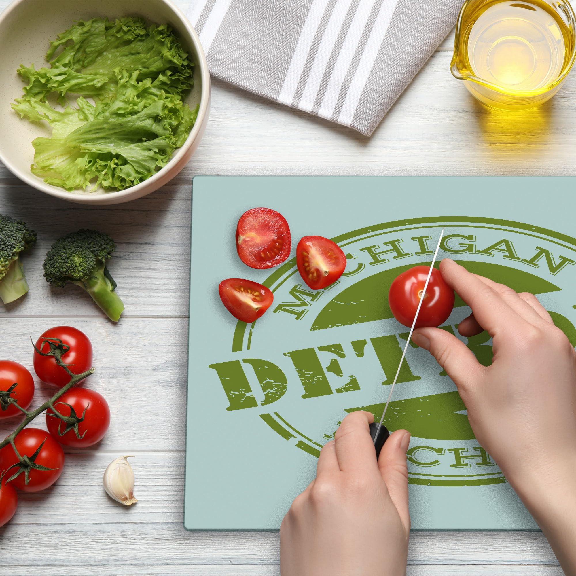 Ambesonne Detroit Themed Cutting Board - Retro Michigan Stamp with Stars Design - Tempered Glass Serving & Decorative Board - Large Size (Olive Green & White) - Perfect for Kitchen Use, Food Prep & Home Decor