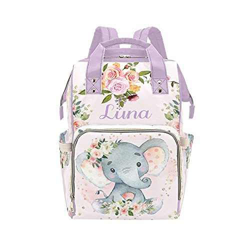 Waterproof Elephant Floral Diaper Bag for Women - Personalized Name Baby Changing Backpack, Nursing Tote for Moms | Perfect Baby Shower Gift & Travel Essential
