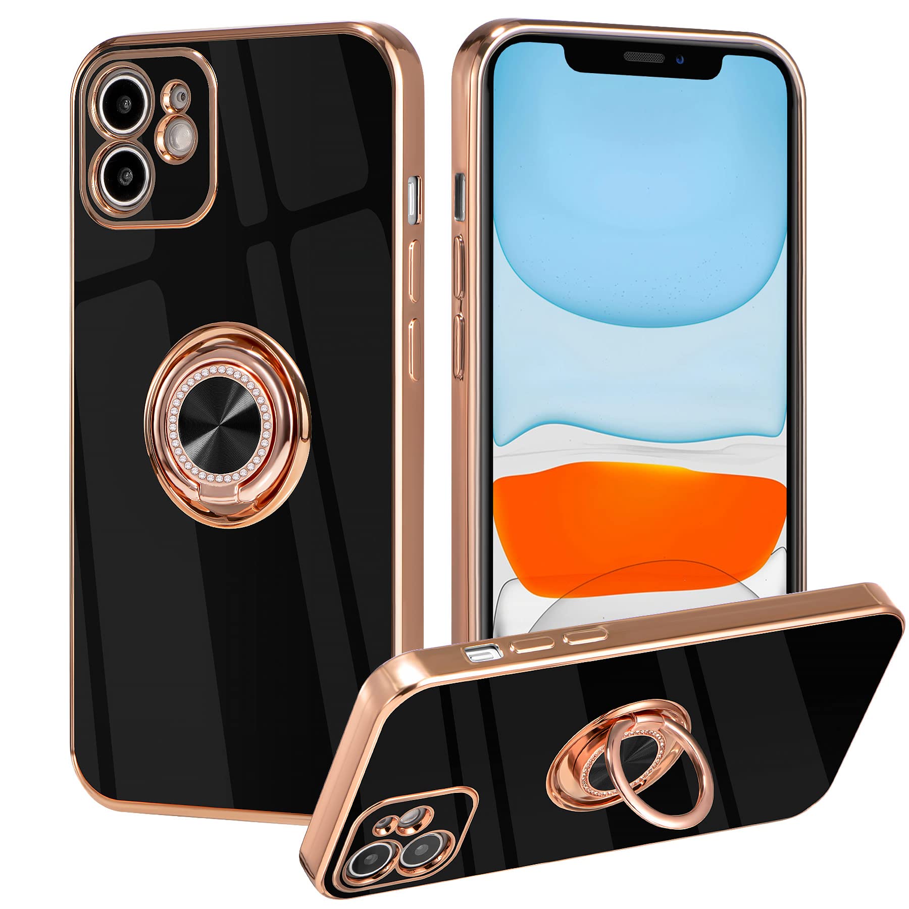 Premium TPU iPhone 11 Case with Ring Holder & Gold Rim - Shockproof Protective Cover for iPhone 11 (6.1 Inch) - Perfect for Everyday Use, Travel, and Secure Grip - Black