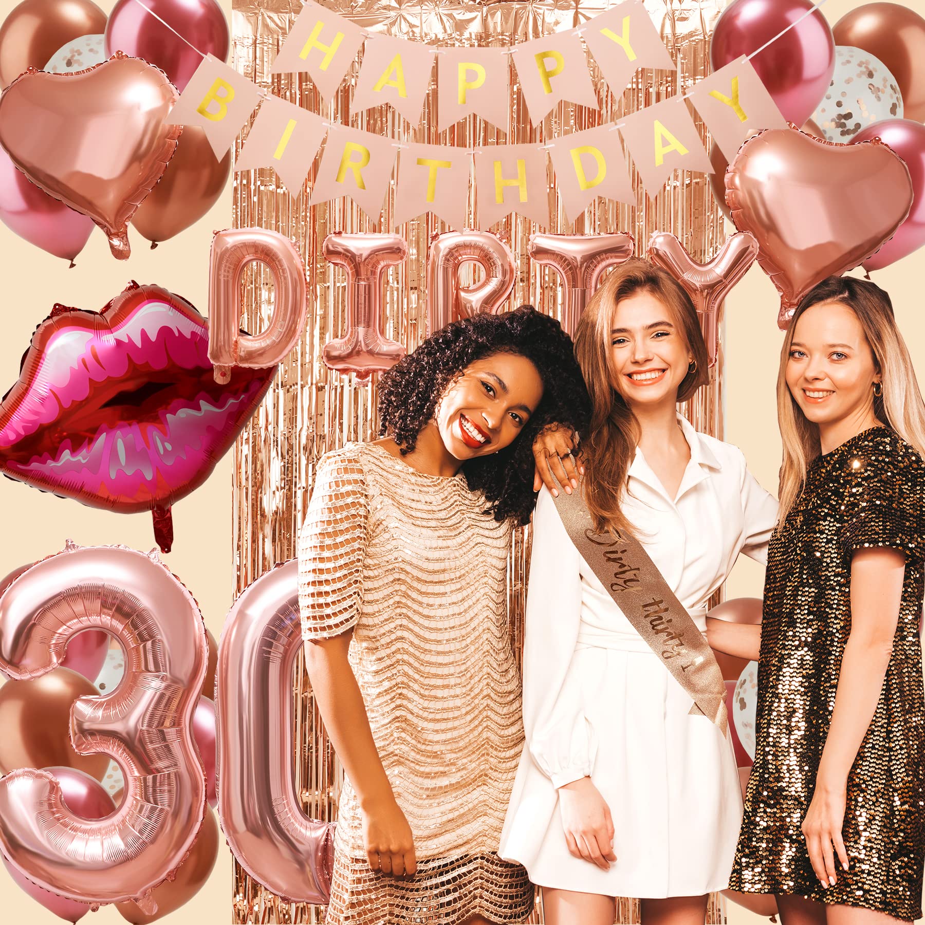 30th Birthday Decorations Set - Rose Gold Happy Birthday Banner, Foil Curtains, Dirty 30 Balloons & Sash for Women - Perfect for Birthday Parties, Milestone Celebrations & Photo Backdrops