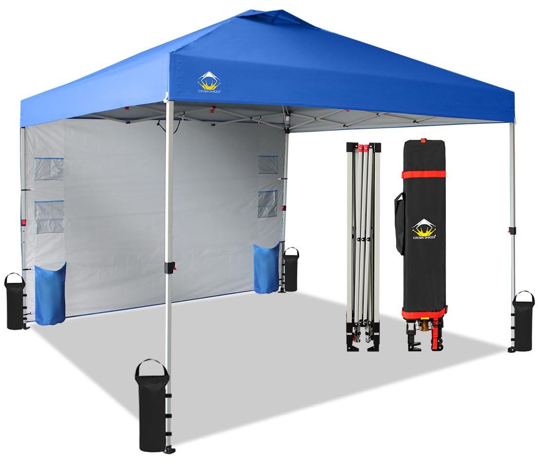 10x10 Pop Up Canopy Tent with Sidewalls & Pockets - Easy One-Person Setup Portable Sun Shelter for Camping, Beach, Backyard, Picnics & Outdoor Events - Blue Instant Shade Canopy by CROWN SHADES