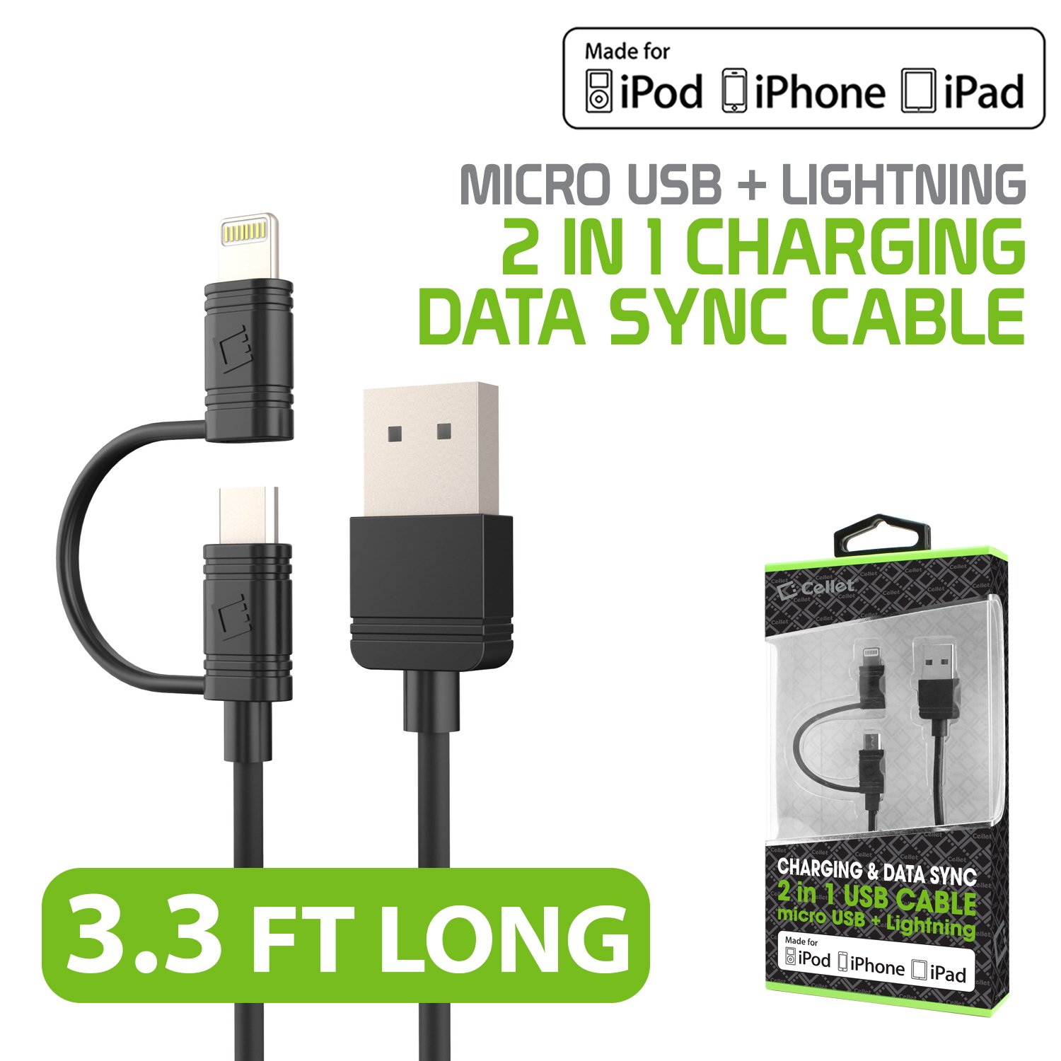 Apple Certified Lightning Cable - Cellet iPhone Charger Cord for iPhone 14/13/12/11/SE/XS & iPad Pro/Air/Mini - Fast Charging & Data Sync - Perfect for Home, Office & Travel (Black)