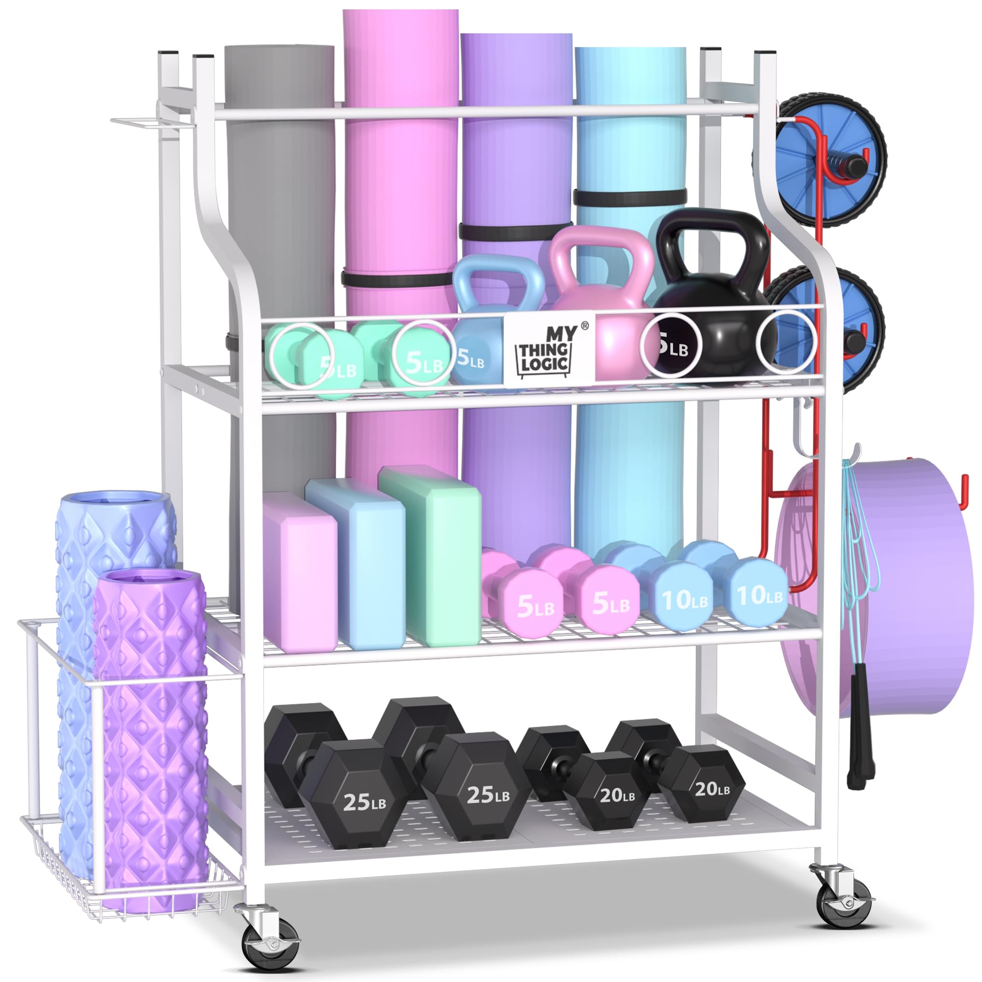Mythinglogic Yoga Mat & Home Gym Storage Rack - Organizer for Dumbbells, Kettlebells, Foam Rollers, Yoga Straps & Resistance Bands - Heavy Duty Workout Equipment Holder with Hooks & Wheels - Perfect for Home Gym, Yoga Studio & Fitness Room Organization