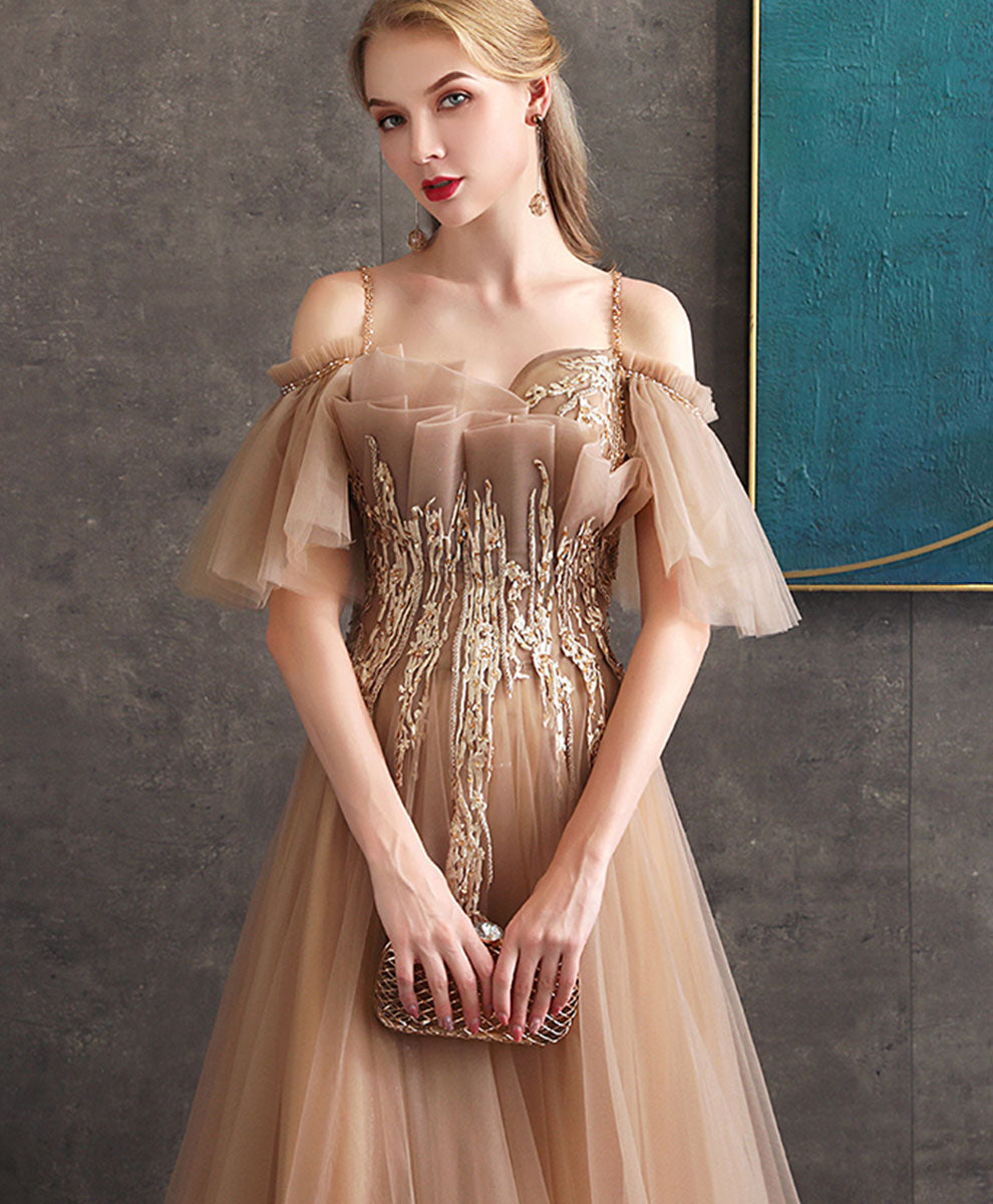 Elegant Champagne Tulle Lace Long Prom Dress - Formal Evening Gown for Homecoming, Ball, Wedding & Special Occasions