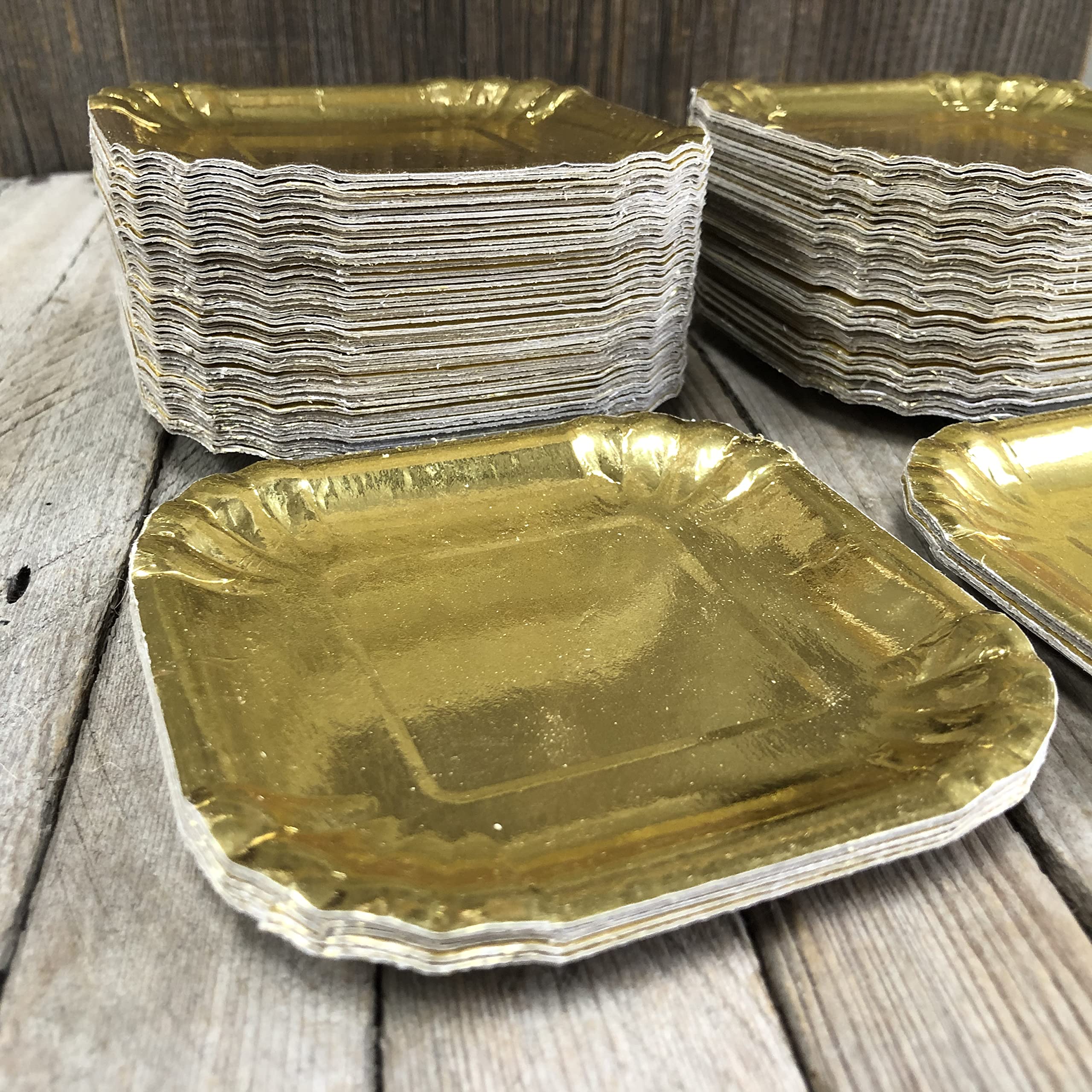 Premium Gold Foil Mini Dessert Plates 4x4 Inches - Elegant Appetizer & Charcuterie Plates for Valentine's Day, Weddings, Parties - Heavyweight Disposable Tableware - 50 Pack - Perfect for Cocktail Receptions, Bridal Showers & Dessert Displays