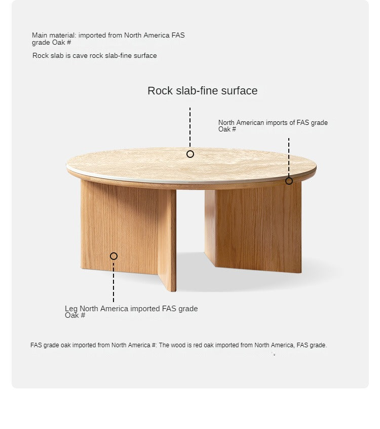 Solid Oak Wood Travertine Coffee Table - Rustic Modern Living Room Furniture for Home Decor & Lounge Use