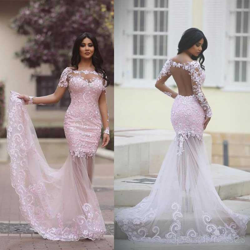 Elegant Long Sleeve Pink Lace Mermaid Evening Prom Dress - Sexy See-Through Formal Gown for Homecoming, Quinceañera & Special Occasions | Custom Tailored Prom Dresses for Women | Style 17042
