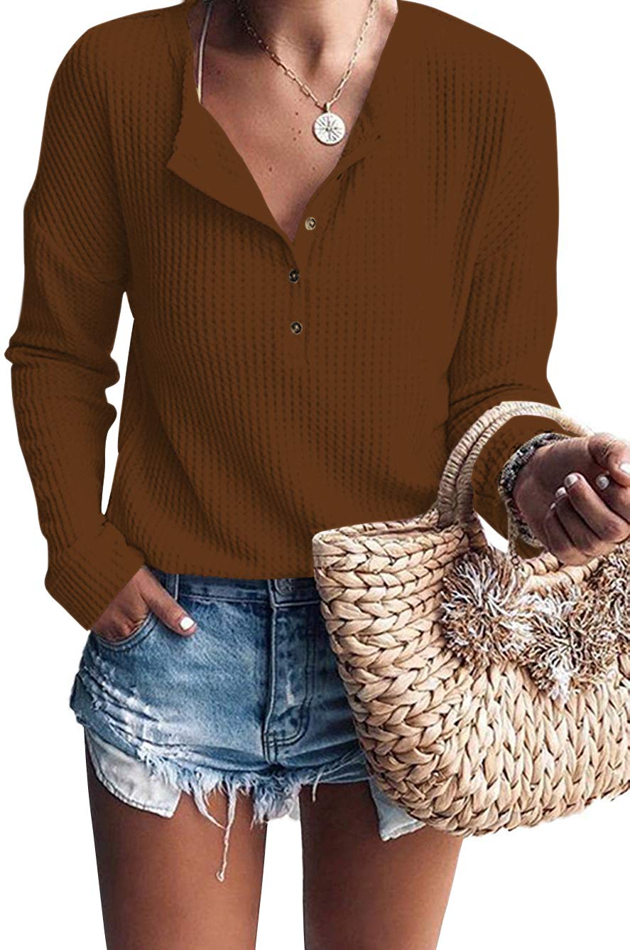Glanzition Women's Casual V-Neck Button-Up Loose Waffle Knit Tunic Henley Shirt - Comfortable & Stylish for Work, Weekend & Layering Outfits