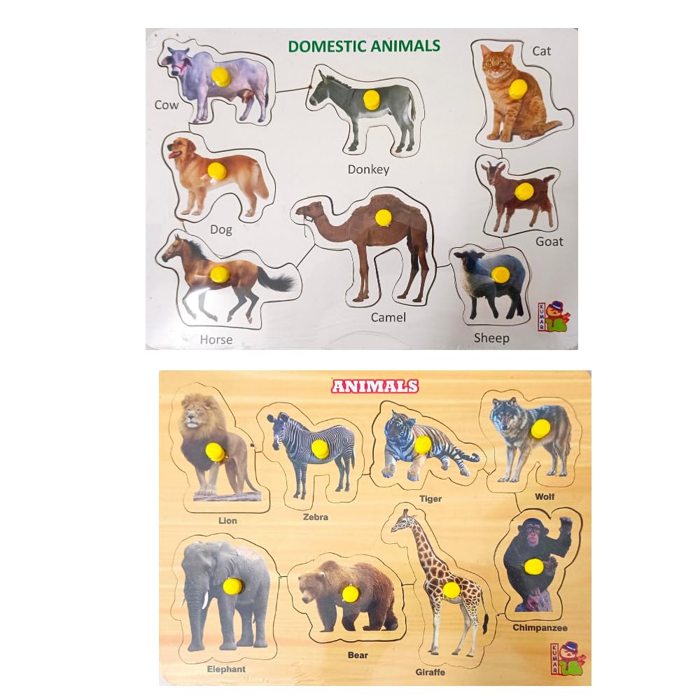4-Piece Wooden Learning Puzzle Set for Kids & Adults - Educational Wooden Toys for Toddlers 3+ Years (Vegetable, Wild Animal, Domestic Animal, Shapes) - Perfect for Early Childhood Development & Family Game Night