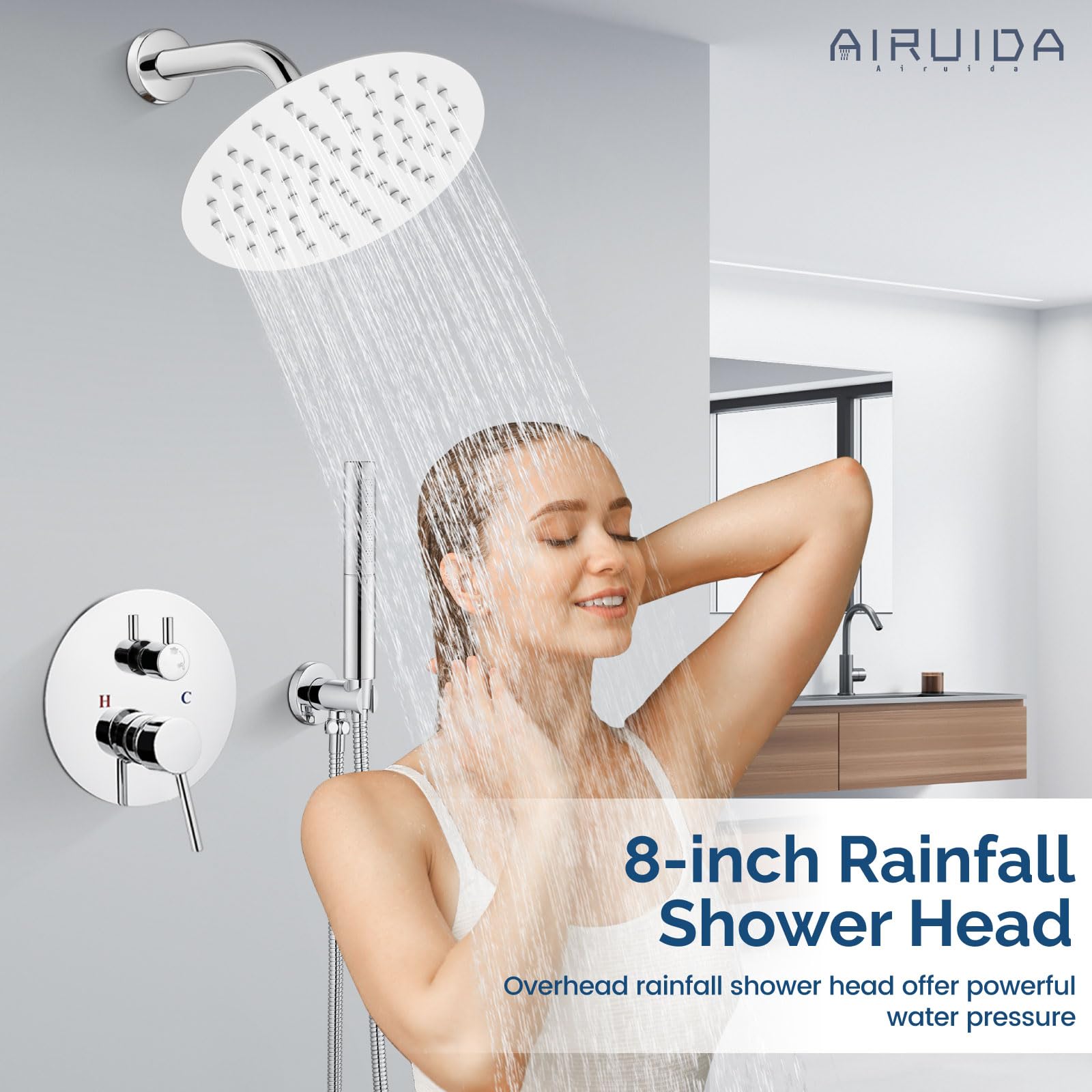 Airuida 2-Function Wall Mounted Shower Faucet Set - High Pressure Brass Handheld Shower with Rough-in Valve & 8 Inch Rainfall Round Shower Head in Chrome Polish for Bathroom | Perfect for Modern Home Spa Experience and Water-Saving Shower Upgrade