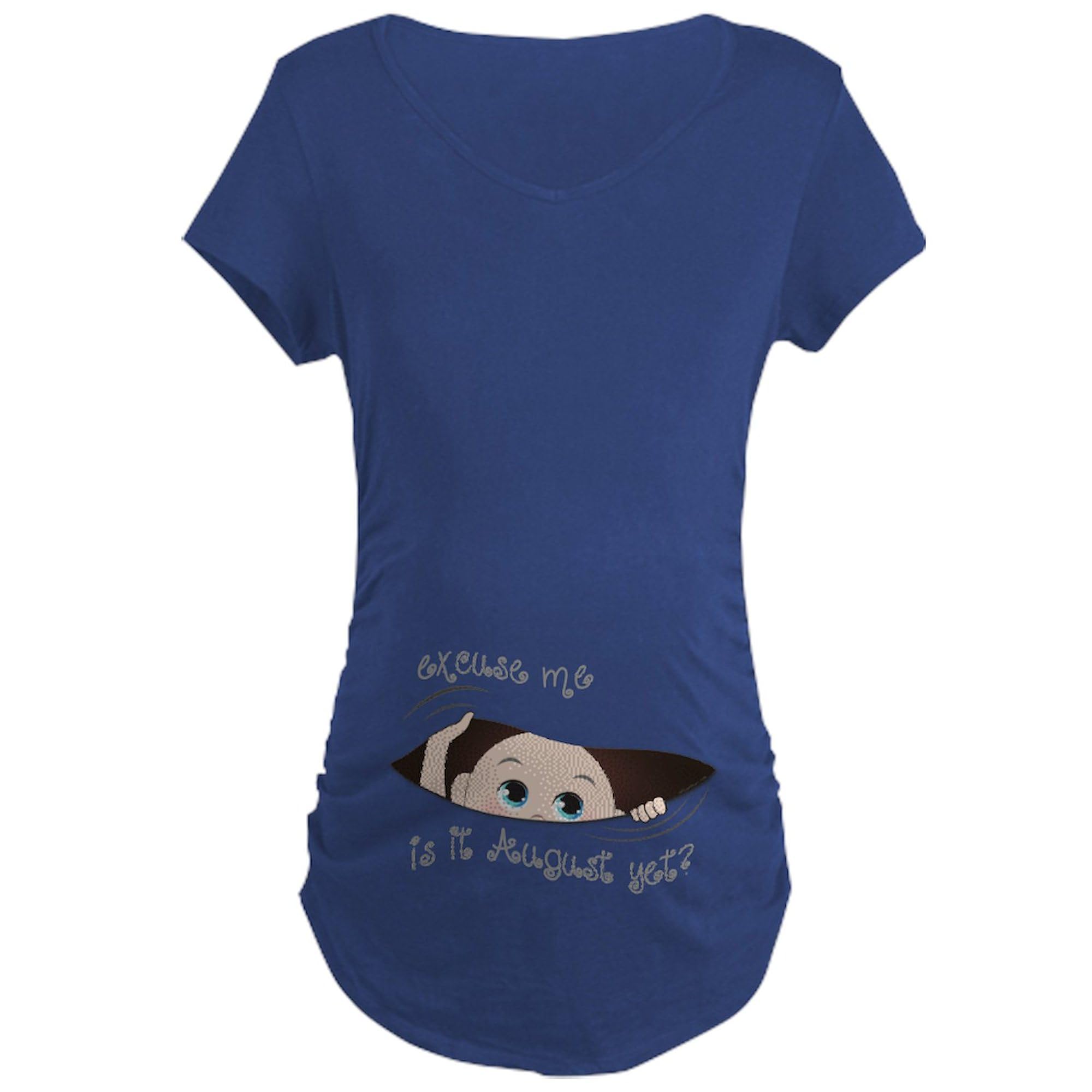 Funny Peeking Out Baby August Maternity T-Shirt - Women's Ruched Side Pregnancy Shirt for Expecting Moms | Perfect for Baby Showers, Maternity Photos & Pregnancy Announcements
