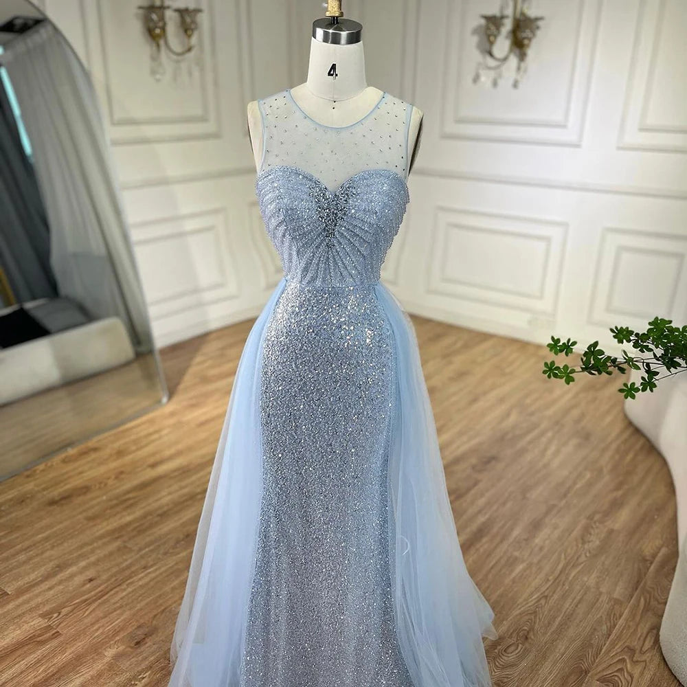 Sparkling Crystal Blue Evening Gown with Detachable Overskirt LA72588 - Elegant Prom Dress for Formal Events & Wedding Guest Attire
