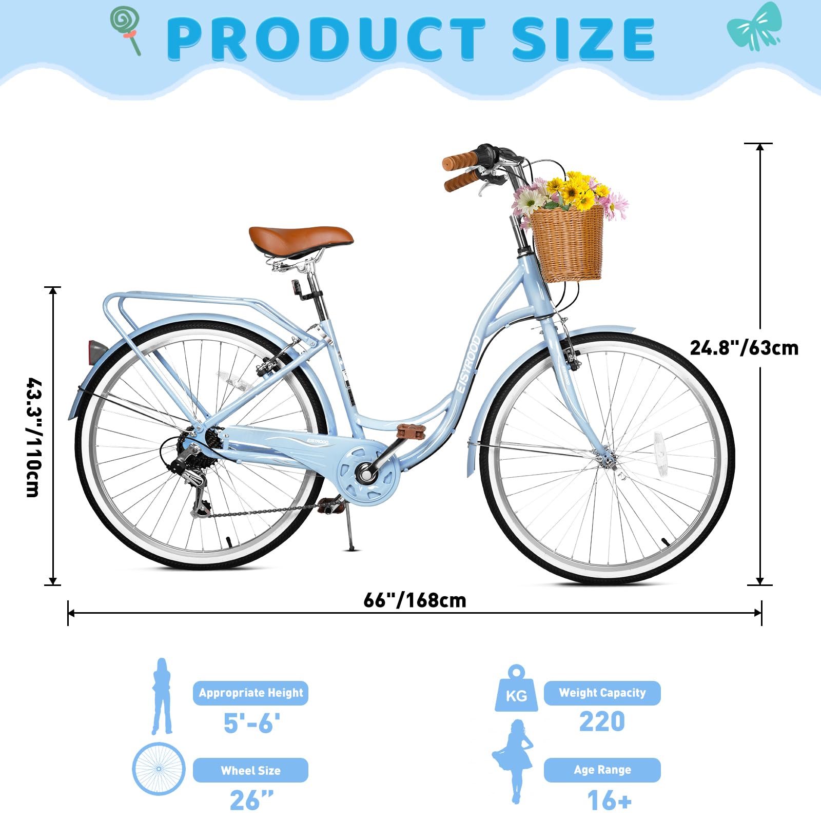 26 Inch Women's Beach Cruiser Bike with Basket - 7 Speed Hybrid Bicycle for Adults, Lightweight Frame & Anti-Skid Tires, Easy Assembly - Perfect for Commuting, Leisure Rides & Coastal Adventures (Blue)