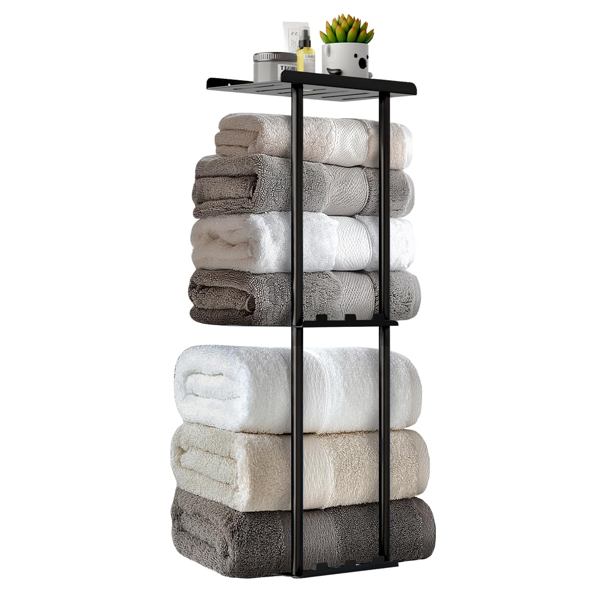 3-Tier Black Metal Wall Mounted Bathroom Towel Rack with Shelf & 6 Hooks - Heavy Duty Towel Holder for Rolled Towels Storage & Organization - Perfect for Small Bathrooms, Laundry Rooms & Spa Spaces