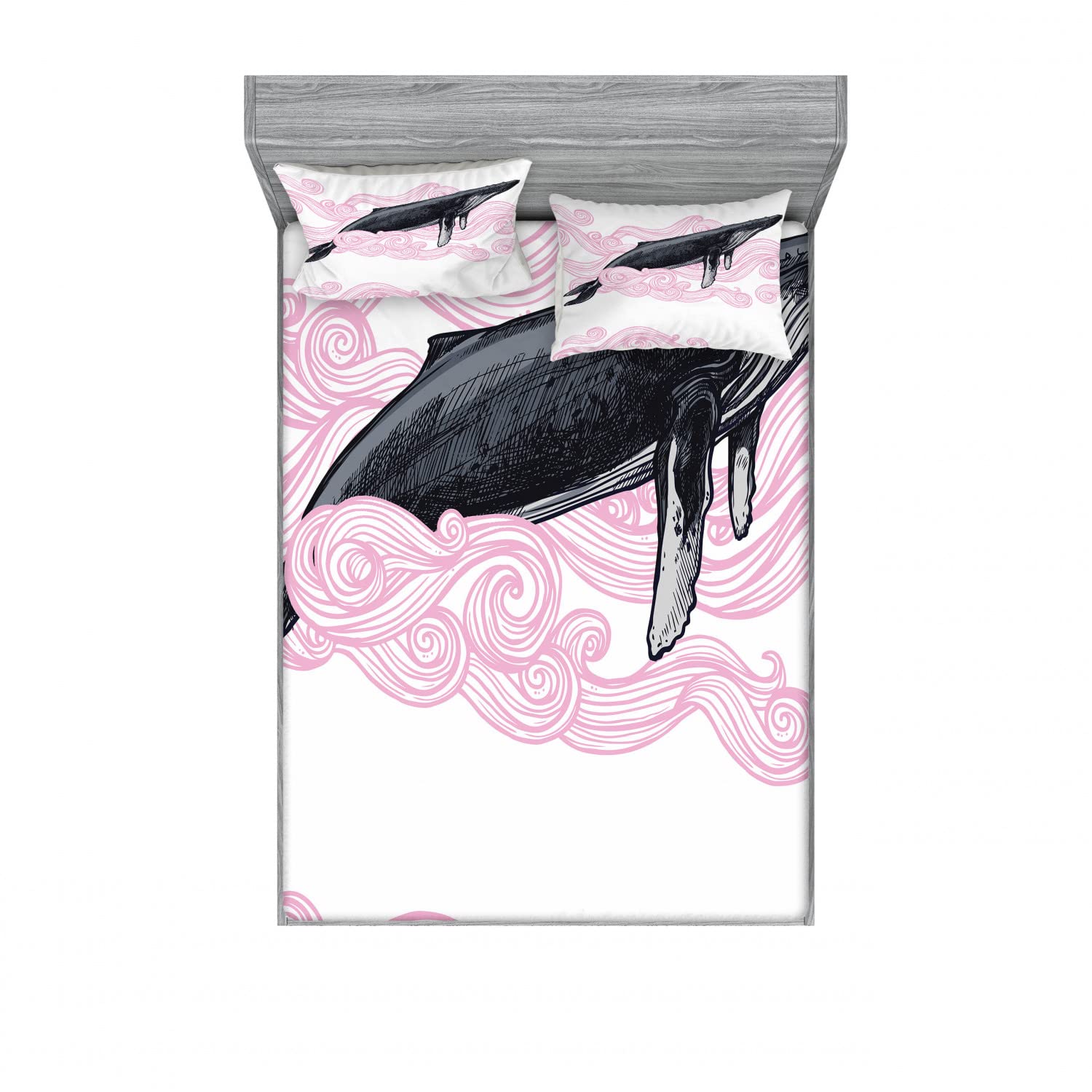 Ambesonne 2-Pack Queen Size Fitted Sheet & Pillow Sham Set - Striped Whale Design, Pink Black and White 4-Piece Bedding Set for Coastal & Nautical Themed Bedrooms | Perfect for Guest Rooms, Beach Houses & Kids' Bedrooms