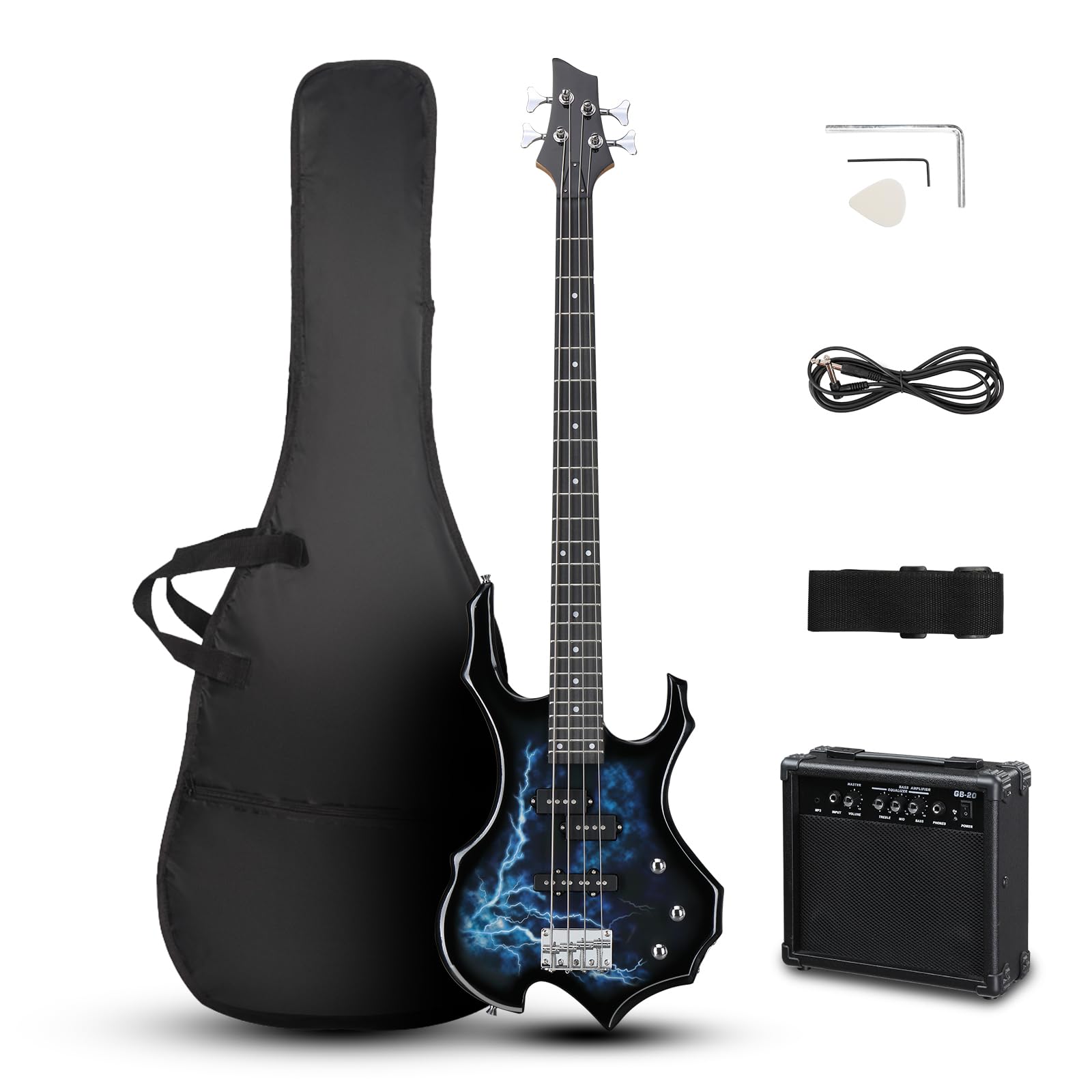Ktaxon Full Size Electric Bass Guitar with Flame Design - 20W Amp, Portable Bass Bag, Premium Amp Wire, Adjustable Strap, Plectrum & Tools (Lightning) - Perfect for Beginners, Live Performances & Home Practice