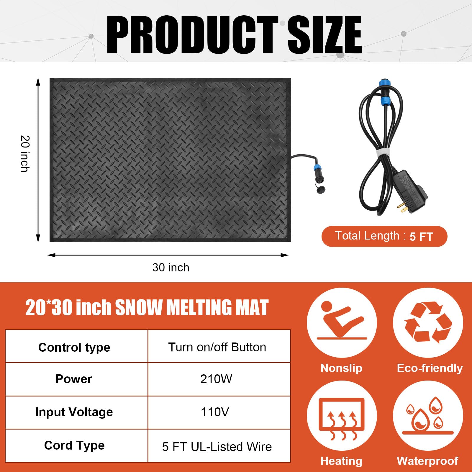 Heated Snow Melting Mats for Walkways & Sidewalks - Non-Slip Outdoor Heating Mat Melts Up to 3 Inches of Snow/Hour with Power Cord - Perfect for Winter Driveways, Stairs, and Entryways (Black)