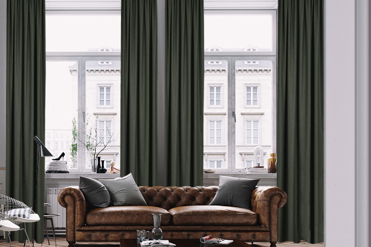 Luxury Extra Long Linen Look Curtains Set of 2 - Dark Green 52