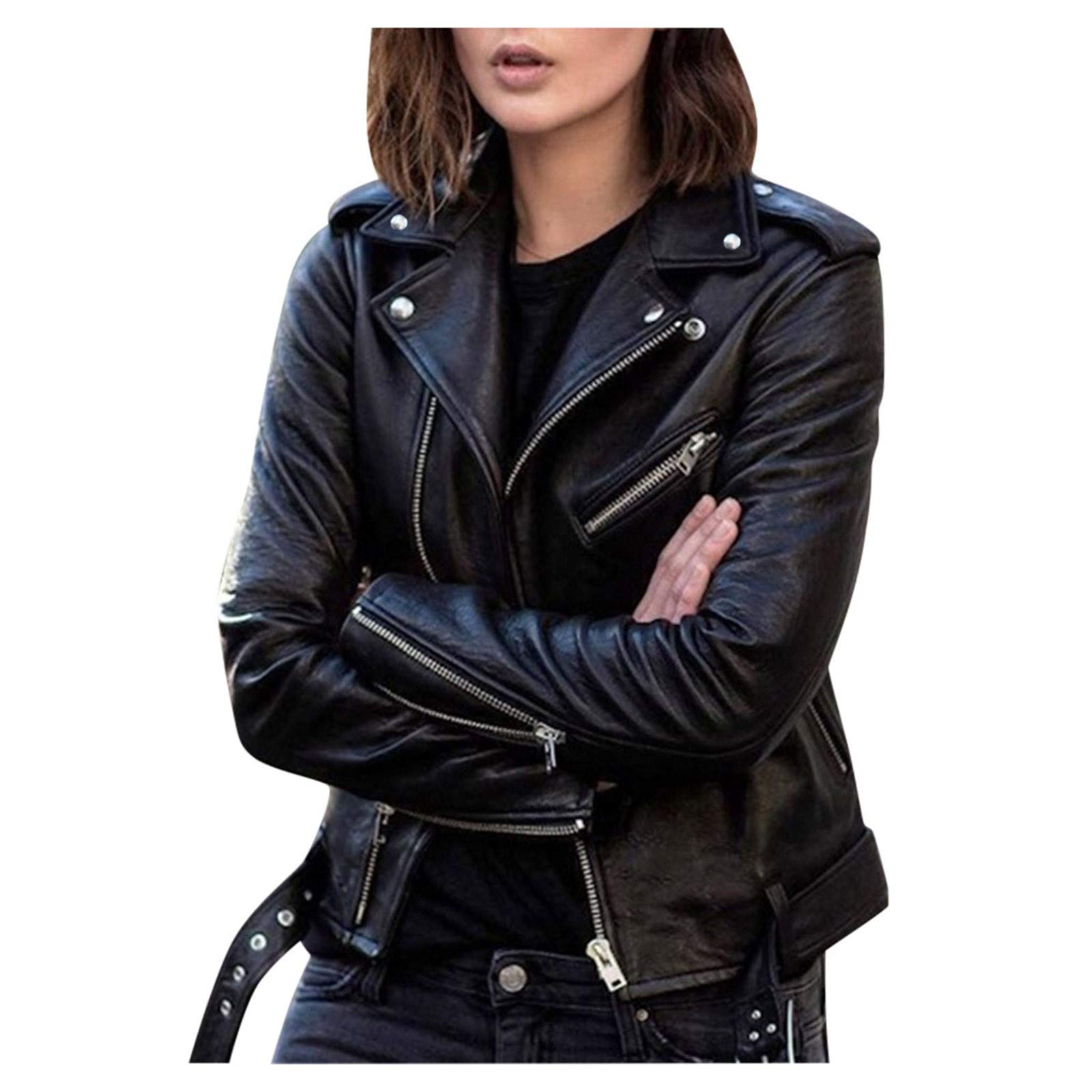 EOPUING Women's Leather Jacket - Casual Fashion Full Zip Biker Jacket with Notch Lapel & Long Sleeves, Fitting Outerwear Coat for Motorcycle Riding & Everyday Wear