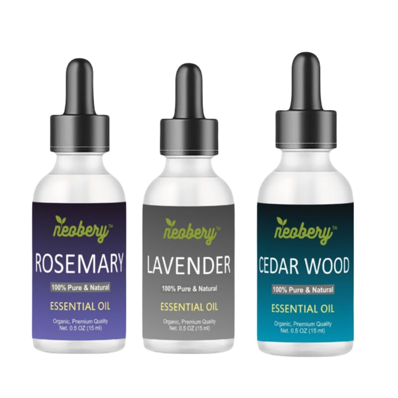 Neobery 3-Pack Pure Rosemary, Lavender & Cedarwood Essential Oils (15ml Each) - Natural Aromatherapy for Healthy Skin, Stress Relief & Relaxation - Perfect for Diffusers, Massage & DIY Beauty Products