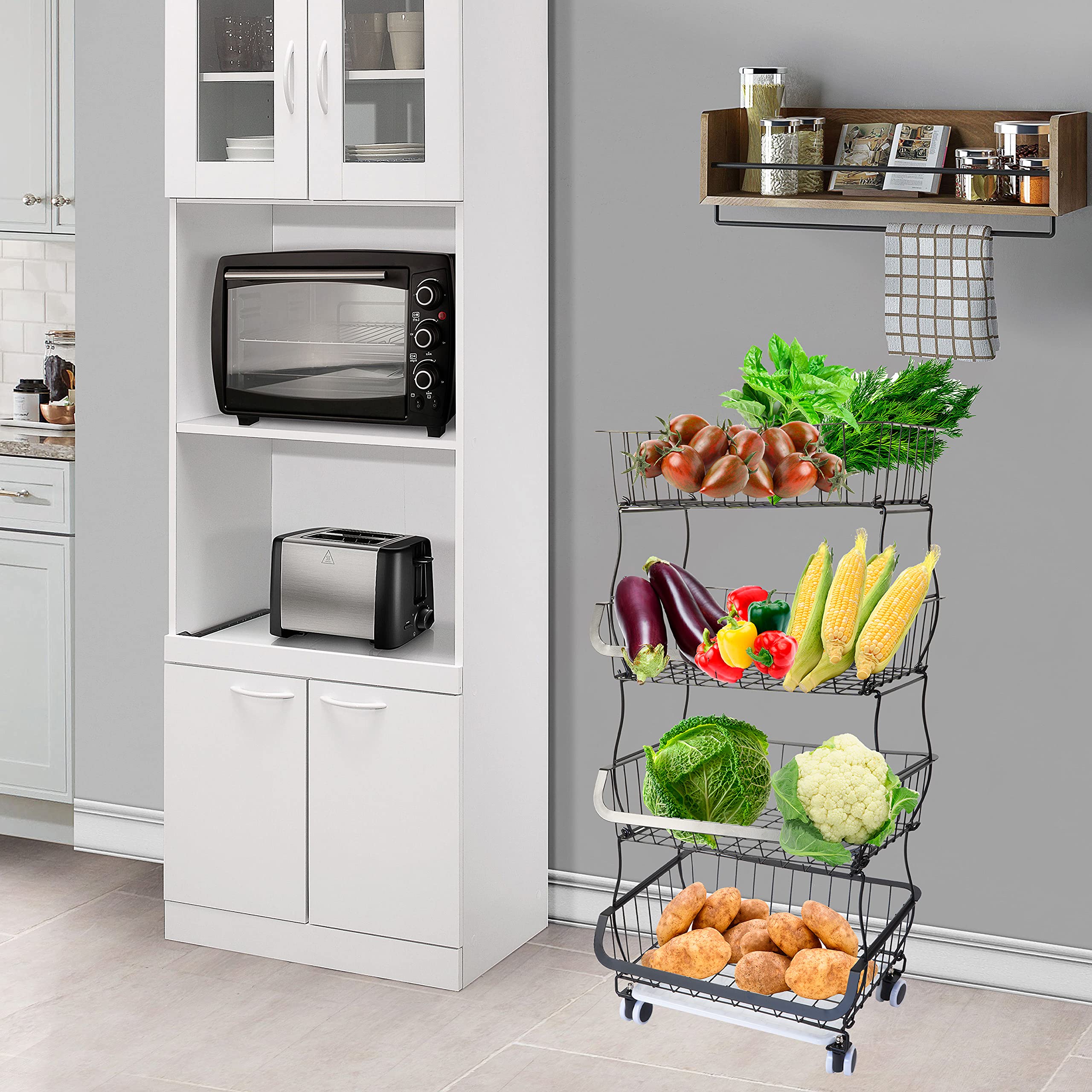 Stainless Steel Rolling Stackable Wire Baskets - 4 Tier Metal Storage Organizer with Wheels for Kitchen Pantry, Bathroom & Office | Perfect for Snacks, Toiletries & Office Supplies Organization