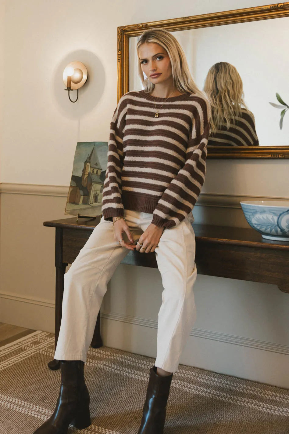 Azuline Striped Brown Sweater for Women - Cozy Knit Pullover for Fall & Winter - Perfect for Casual Outfits, Office Wear, and Weekend Getaways