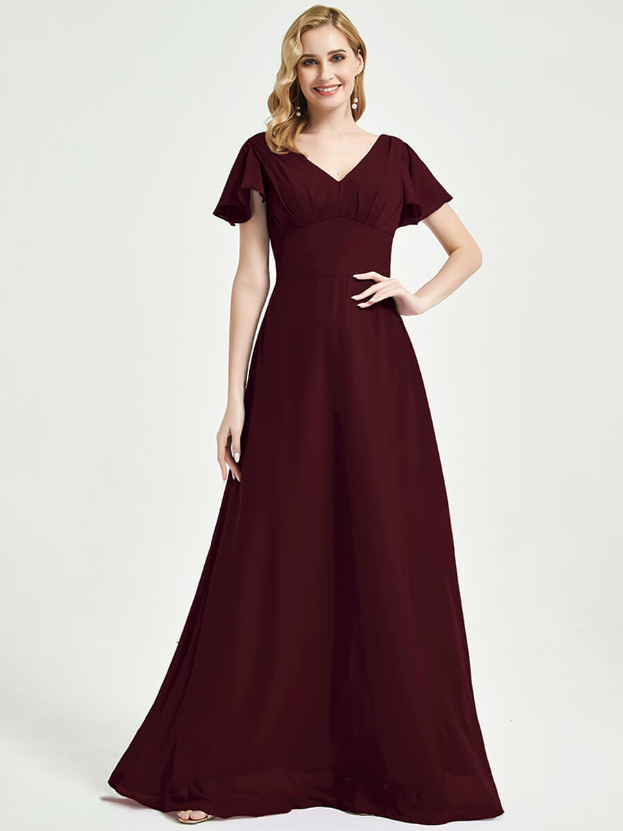 Elegant Burgundy Ruffle Sleeve Backless A-Line Chiffon Bridesmaid Dress for Weddings & Formal Events | Flowy Empire Waist Evening Gown for Bridal Party & Special Occasions
