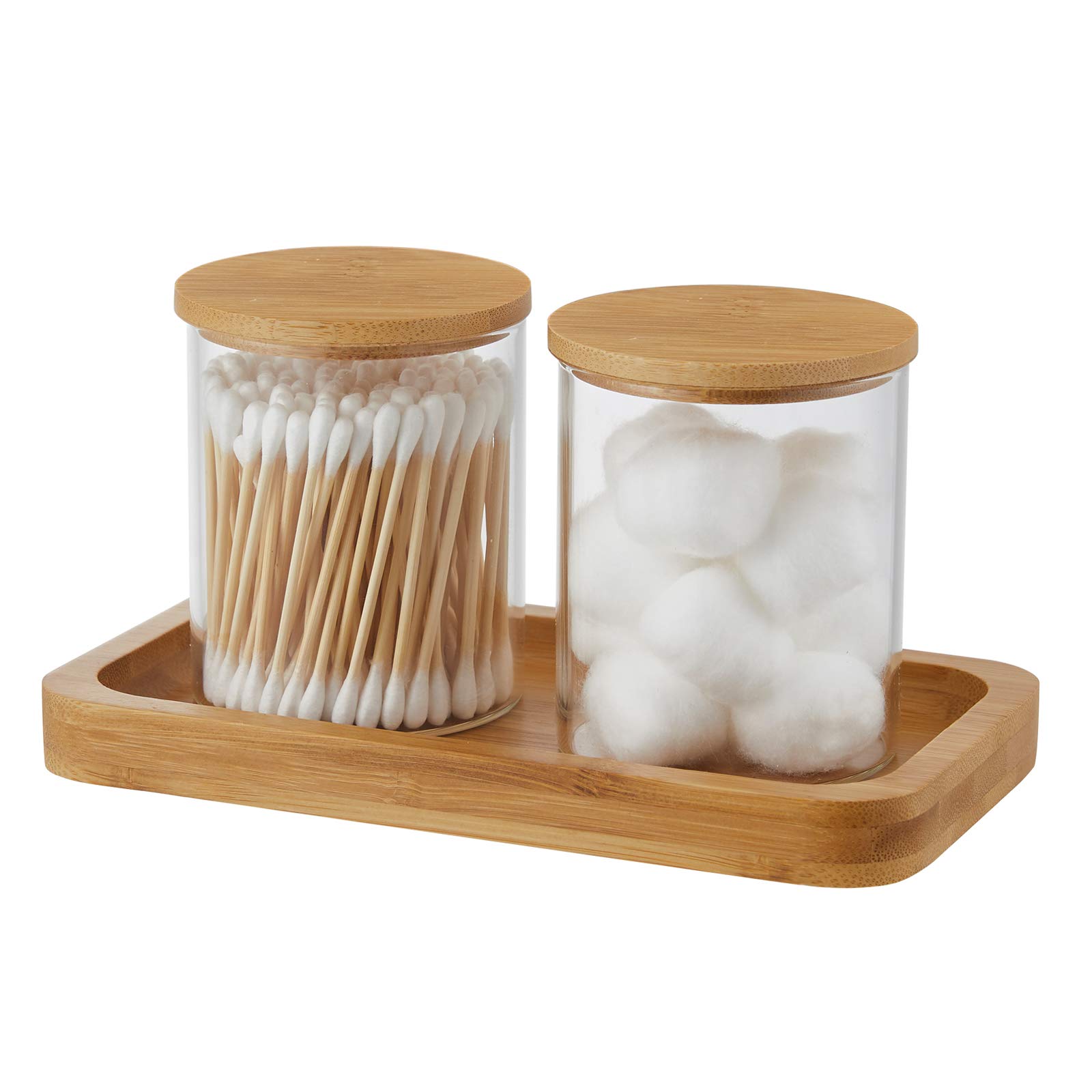 Glass Q-Tip Holder with Vanity Tray | Apothecary Jar Bathroom Organizer for Cotton Balls, Swabs, Hair Ties & Jewelry | Countertop Storage Solution for Bathroom, Vanity & Makeup Station
