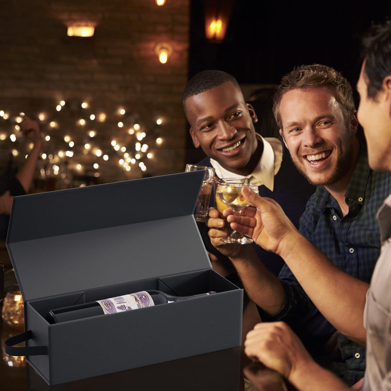 Premium Magnetic Wine Gift Box 12.8x3.8x3.8 Inches - Elegant Collapsible Liquor Bottle Packaging for Champagne & Wine - Perfect for Weddings, Anniversaries, Parties & Corporate Gifts (Black)
