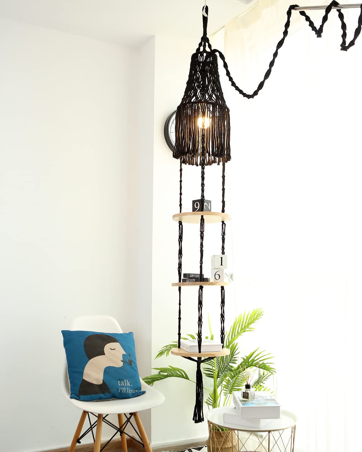 3-Tier Macrame Plant Hanger Shelf - Boho Floating Rope Shelf with Lamp Shade for Indoor Decor | Decorative Flower Pot Holder & Planter Display Rack | Perfect for Living Room, Bedroom, or Balcony Boho Home Decor (Black)