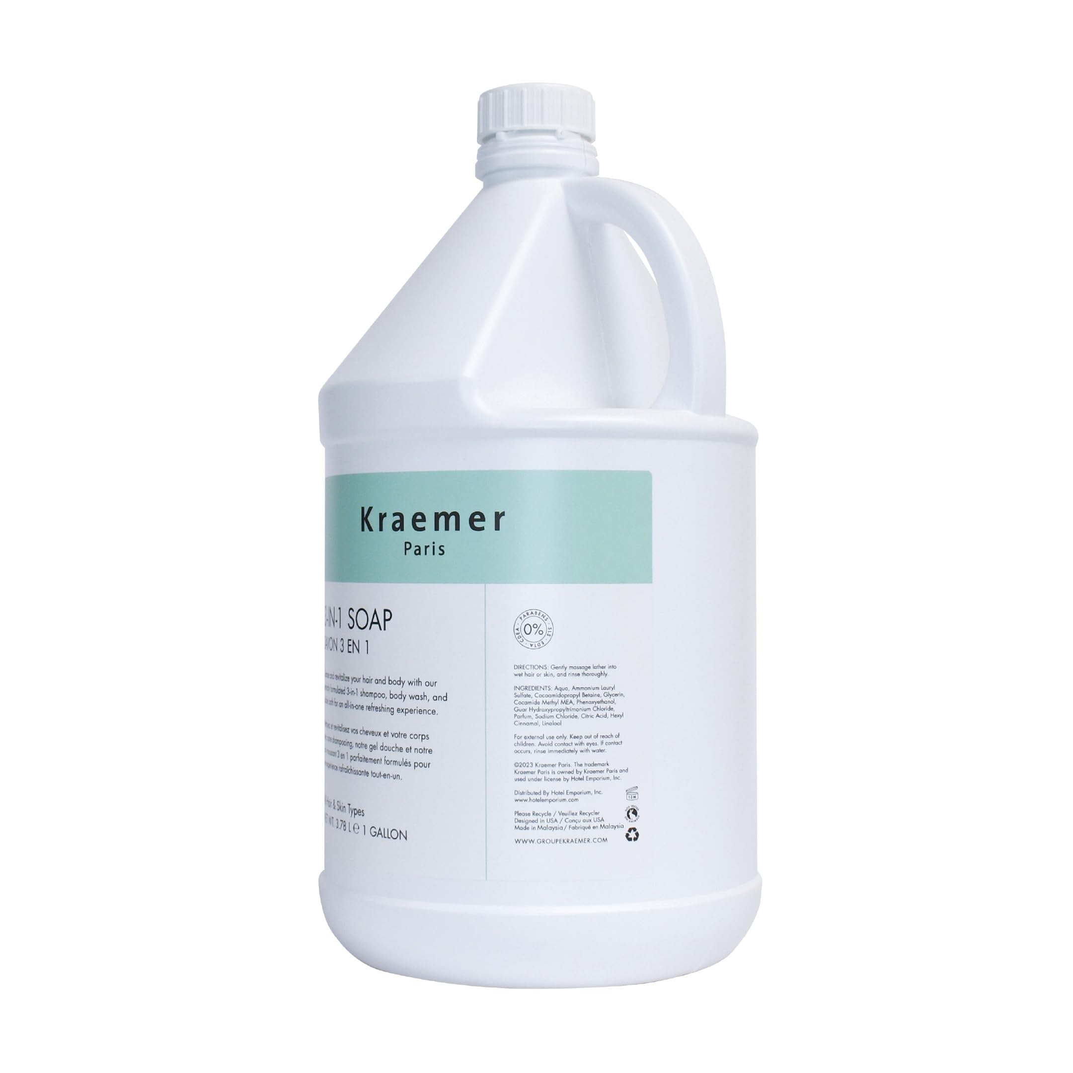 Kraemer Paris 3-in-1 Gallon Shampoo & Body Wash - All Hair Types, Bulk Refill for Hotels, Airbnbs, Gyms & Vacation Rentals | Salon Quality, 3.78L, Cruelty-Free | Perfect for Hospitality Industry & Commercial Use