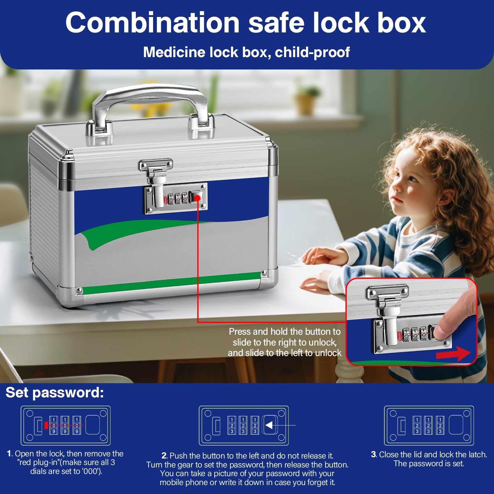 Secure Combination Lock Medicine Storage Box - 10 x 6 x 6.7 Inch Portable First Aid Safe for Medications & Valuables - Home, Travel & Outdoor Use - Silver (No Strap) - Perfect for Childproofing, Emergency Kits & Personal Item Protection