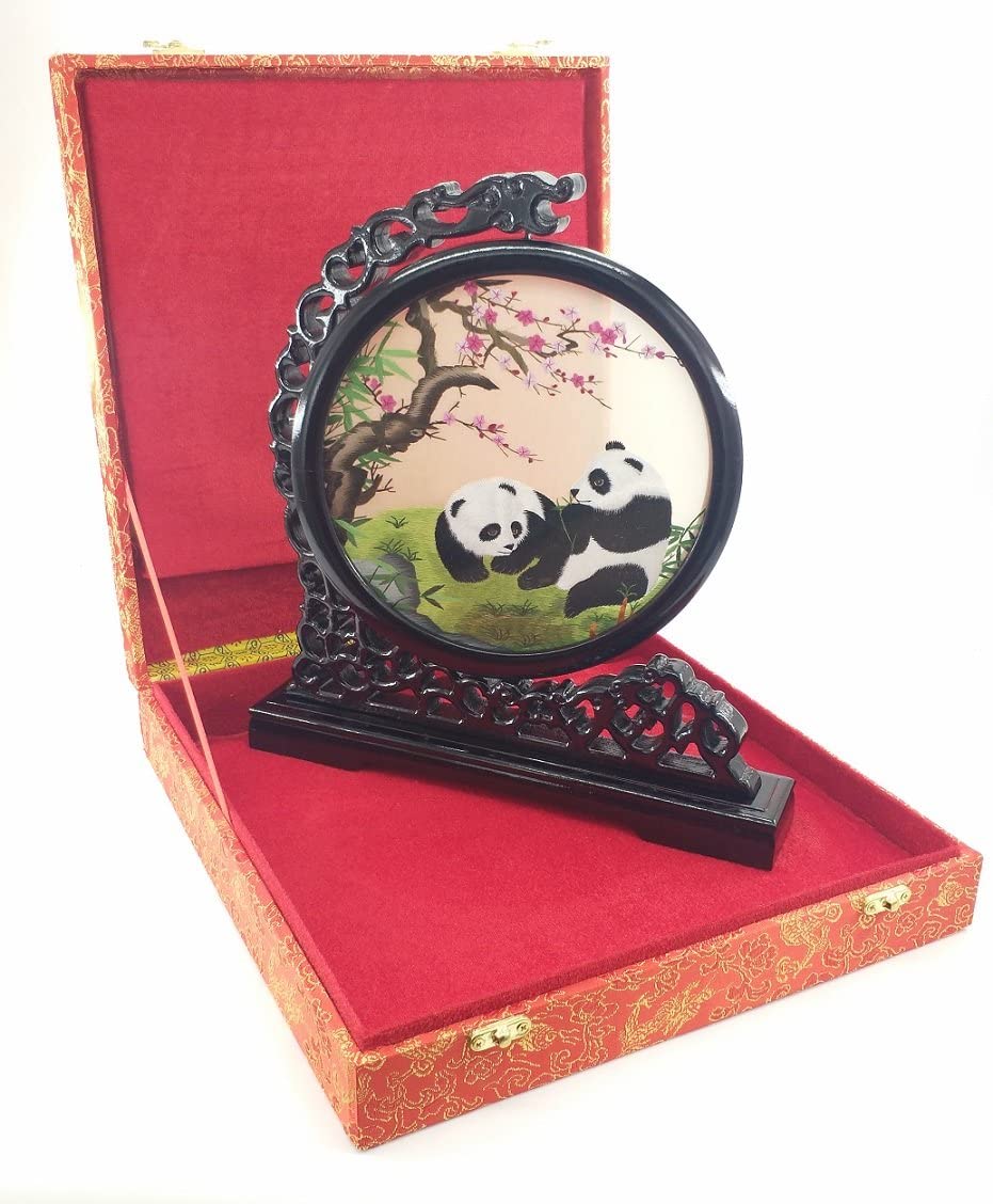 WEALTHCOMING Double-Sided Silk Embroidery Art - Panda Painting Circle Design for Home & Office Decor | Elegant Wall Hanging for Living Room, Bedroom, or Gift