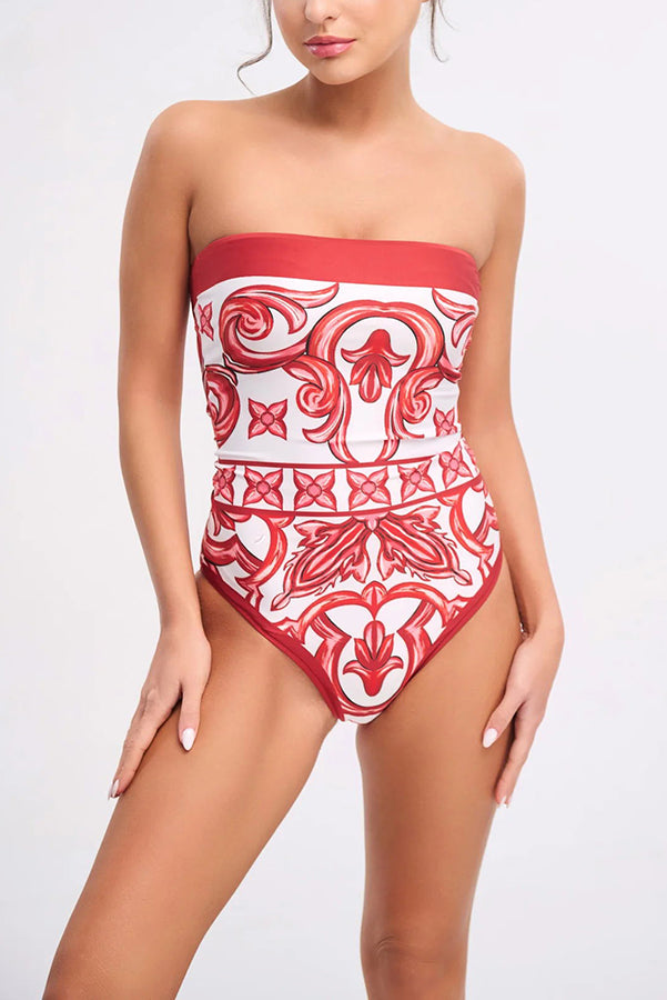 Summer Lovin Unique Royal Print Strapless One Piece Swimsuit with Pareo - Stretchy Bathing Suit for Women, Beach Vacation & Pool Party Outfit