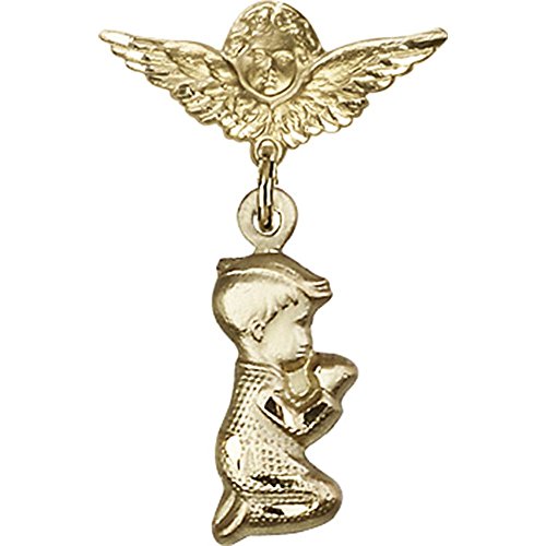 Gold Filled Baby Badge Pin with Praying Boy & Angel Wing Charm - 1 1/8 X 3/4 Inches - Perfect for Christening Gifts, Baby Showers & Keepsake Jewelry