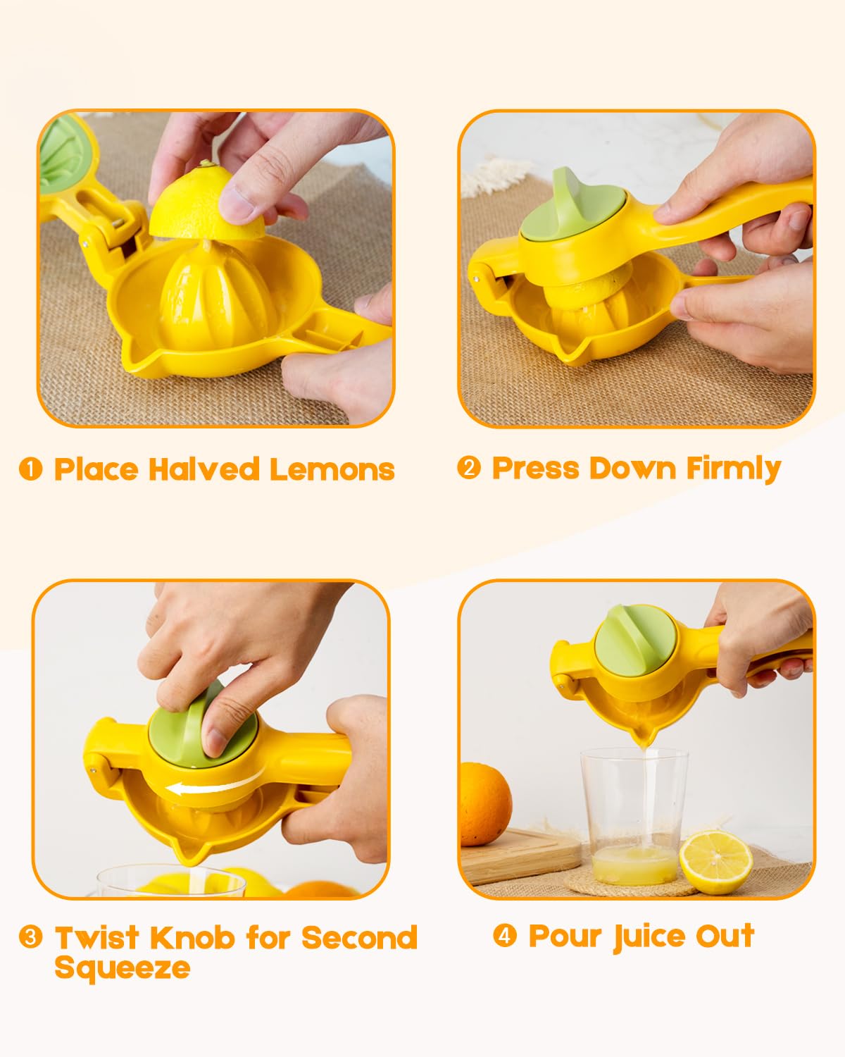 Premium Manual Lemon Squeezer - Heavy Duty Citrus Juicer with Rotating Hinge Blade & Leak-Proof Spoon for Maximum Juice Extraction - Yellow Kitchen Gadget for Cocktails, Lemonade & Cooking