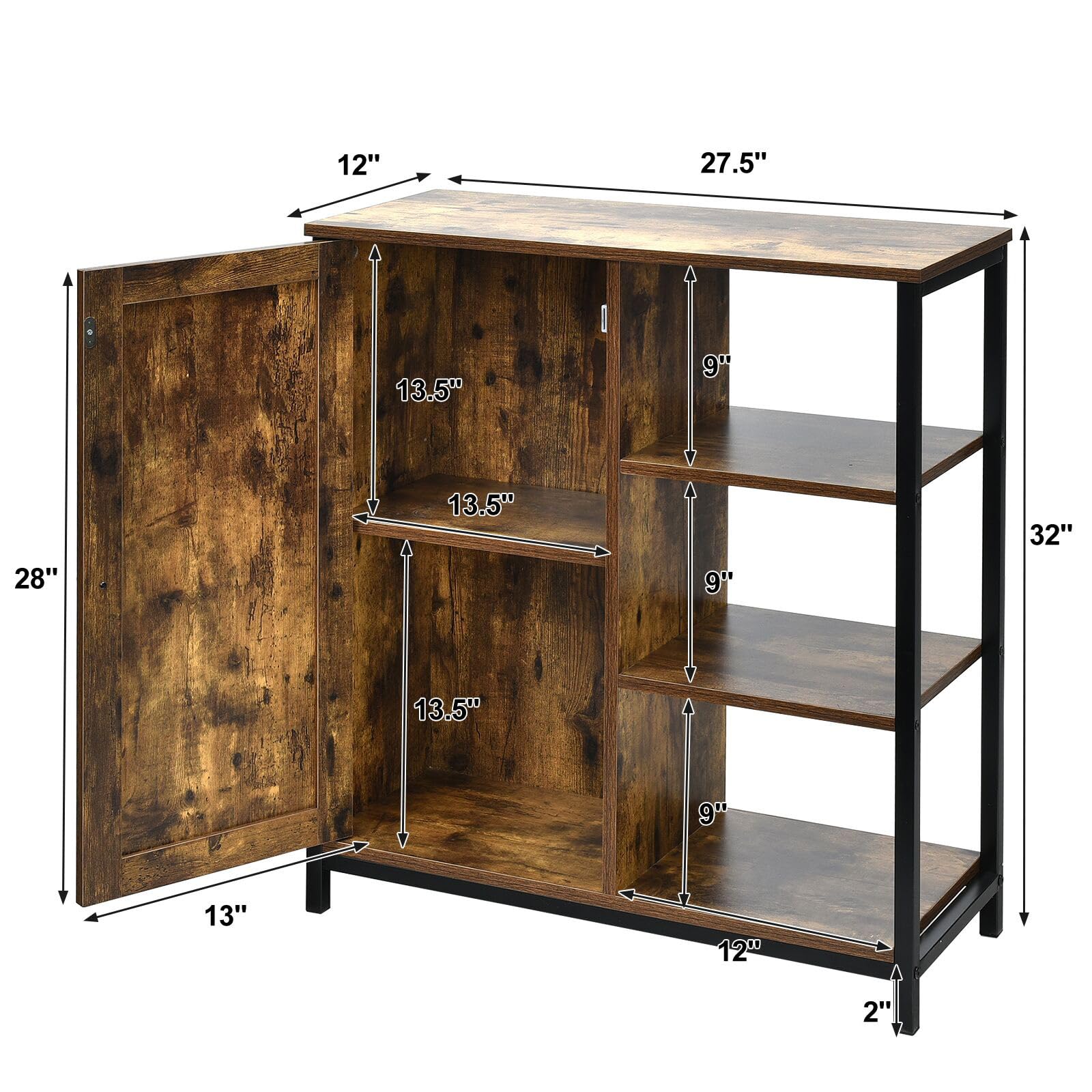 Giantex 3-Tier Open Shelf Storage Cabinet - Industrial Pantry Cupboard, Buffet Sideboard & Standing Bakers Rack - Rustic Brown Wooden Organizer for Bathroom, Living Room, Kitchen, Office - Perfect for Home Organization & Space Saving