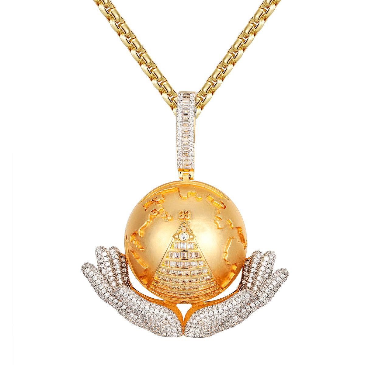 14K Gold Tone Hand Holding Globe Pendant - World Map Baguette Icy Charm Necklace for Women, Gift for Travel Lovers & Geography Enthusiasts