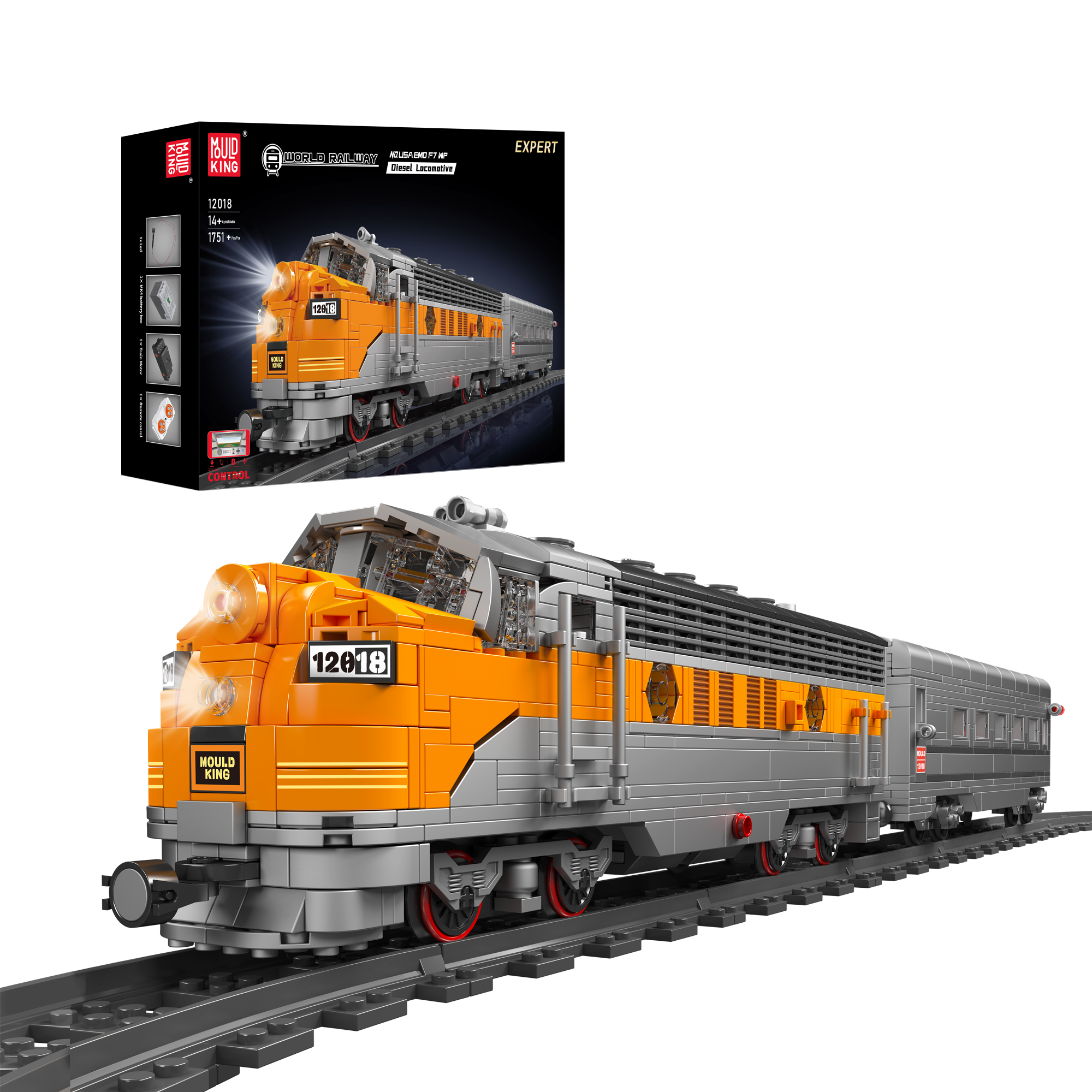Mould King 12018 USA EMD F7 WP Diesel Locomotive Building Blocks Set - 1,541 Pieces for Adults & Kids - Perfect for Train Enthusiasts, Collectors, and DIY Model Builders | Great for Home Display, Gift Giving, and Educational STEM Activities