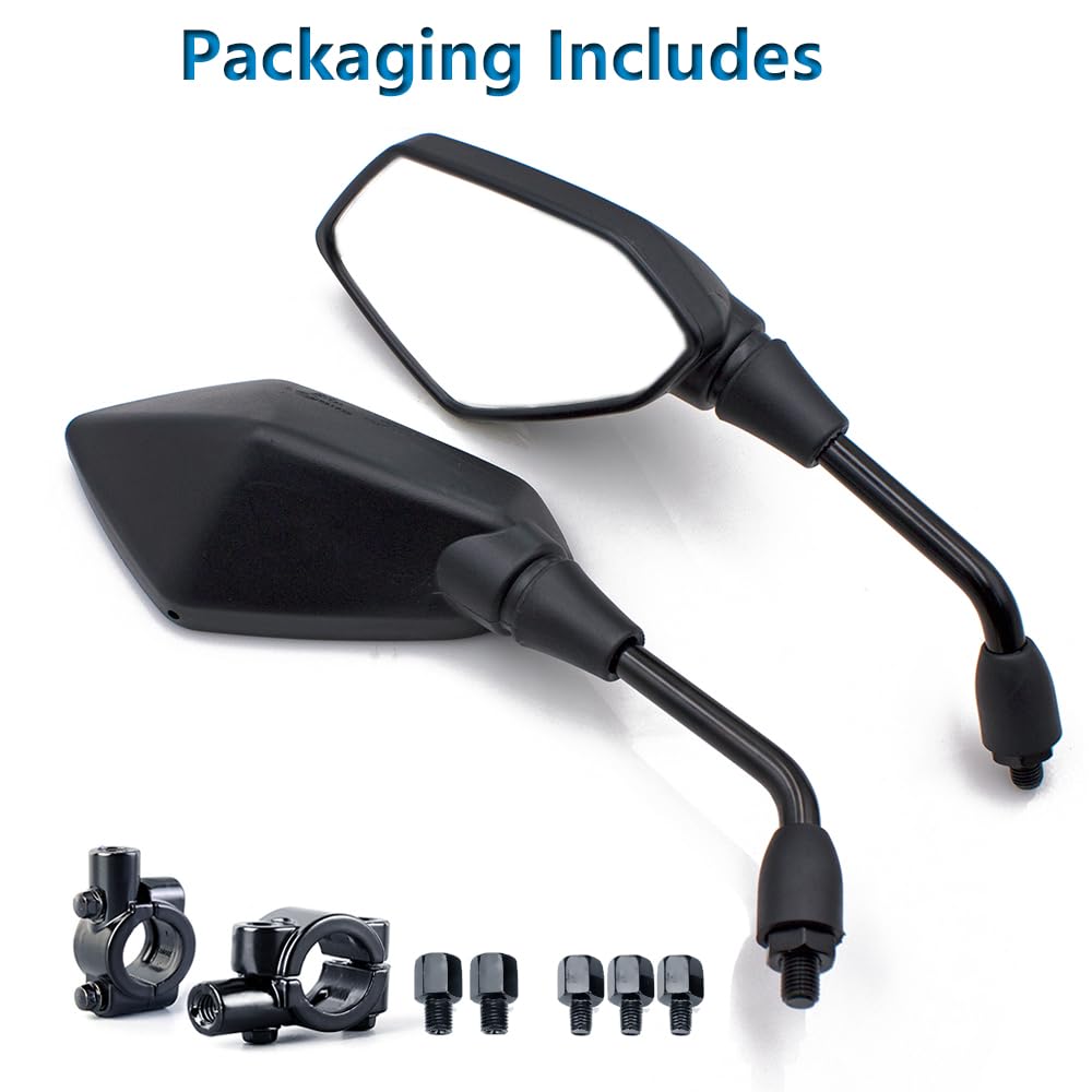 Universal Motorcycle Side Mirrors - 2 Pack, 10mm & 8mm Bolt, 7/8