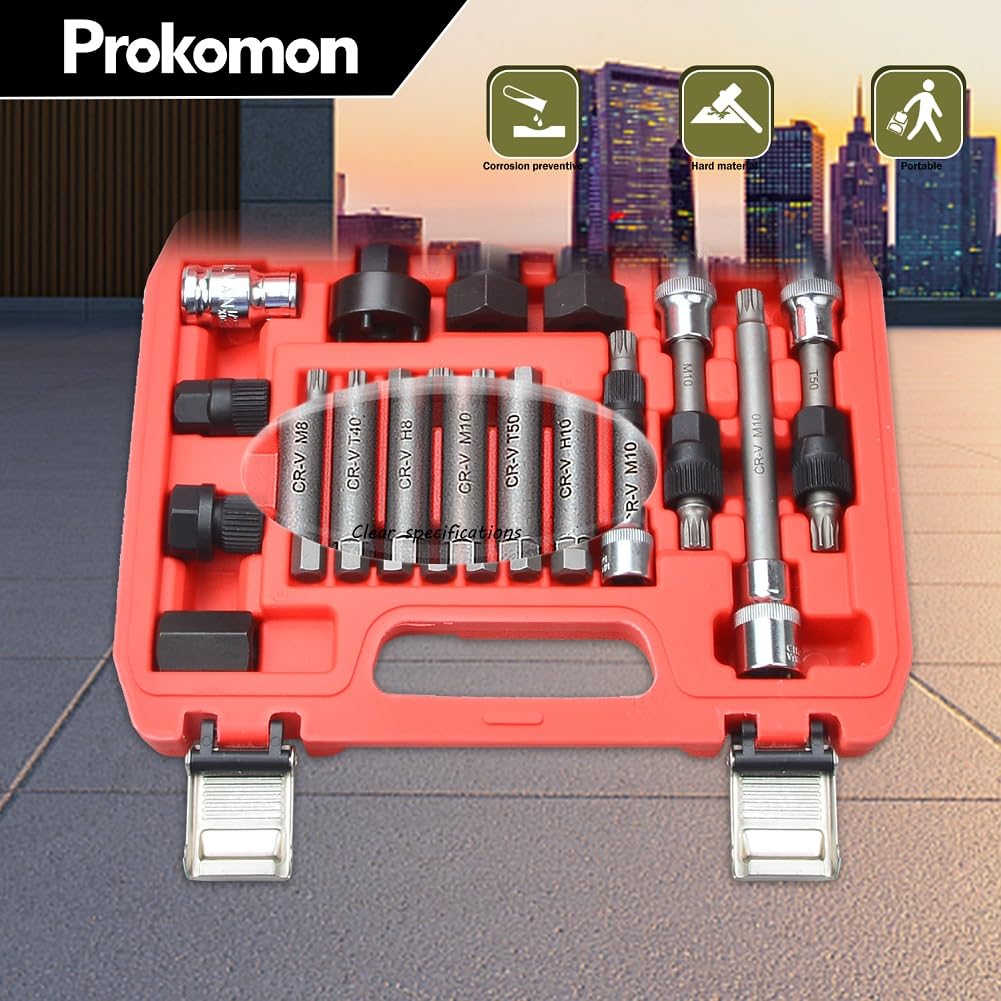 Prokomon 18-Piece Alternator Pulley Tool Kit - Professional Pulley Removal Tool Set with Insert Bit Sockets for Automotive Repair - Perfect for Mechanics & DIY Car Maintenance