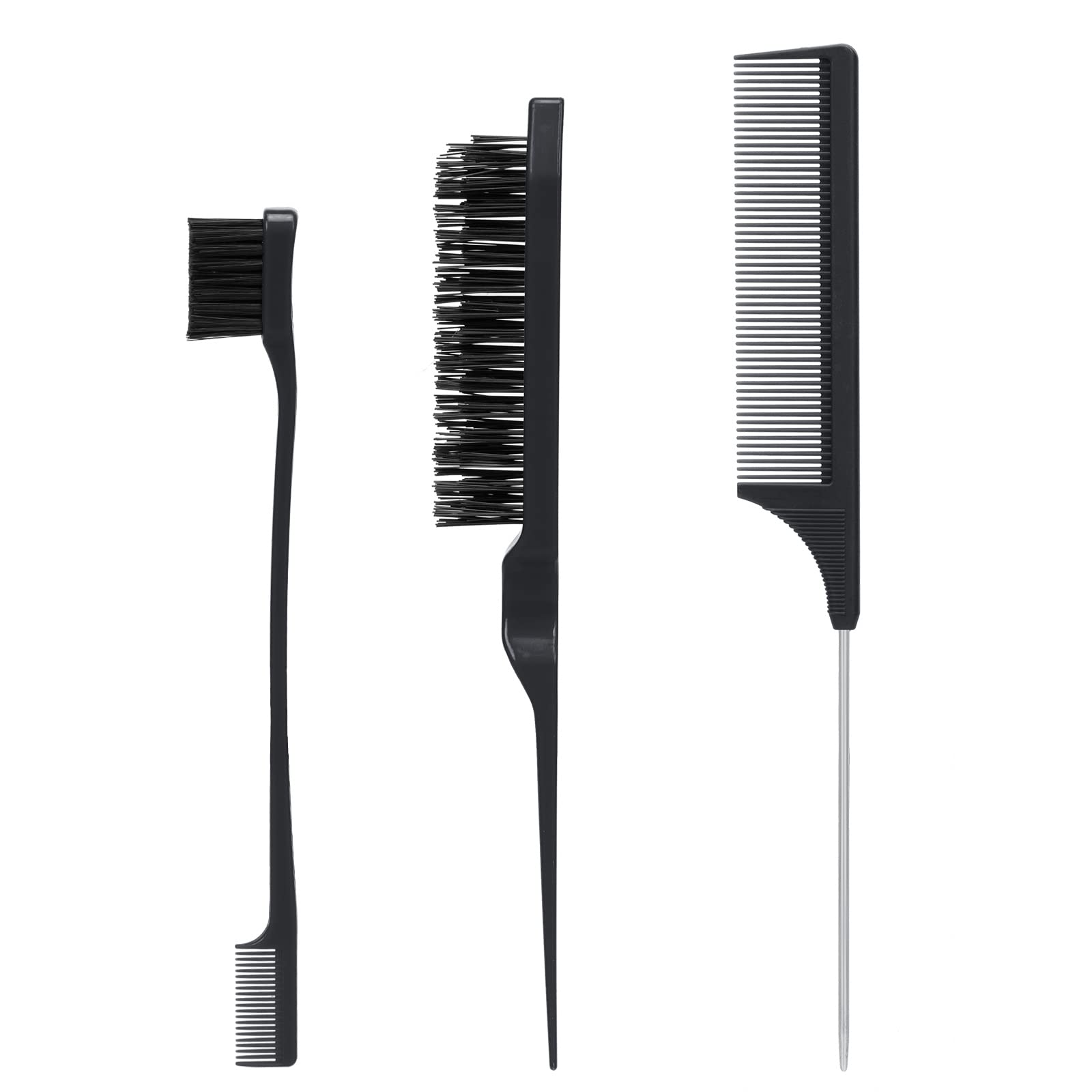 3Pcs Professional Hair Brush Set - Detangling Comb, Rat Tail Comb & Double-Sided Edge Brush for Women, Men & Kids - Perfect for Styling, Detangling & Grooming at Home or Salon (Black)