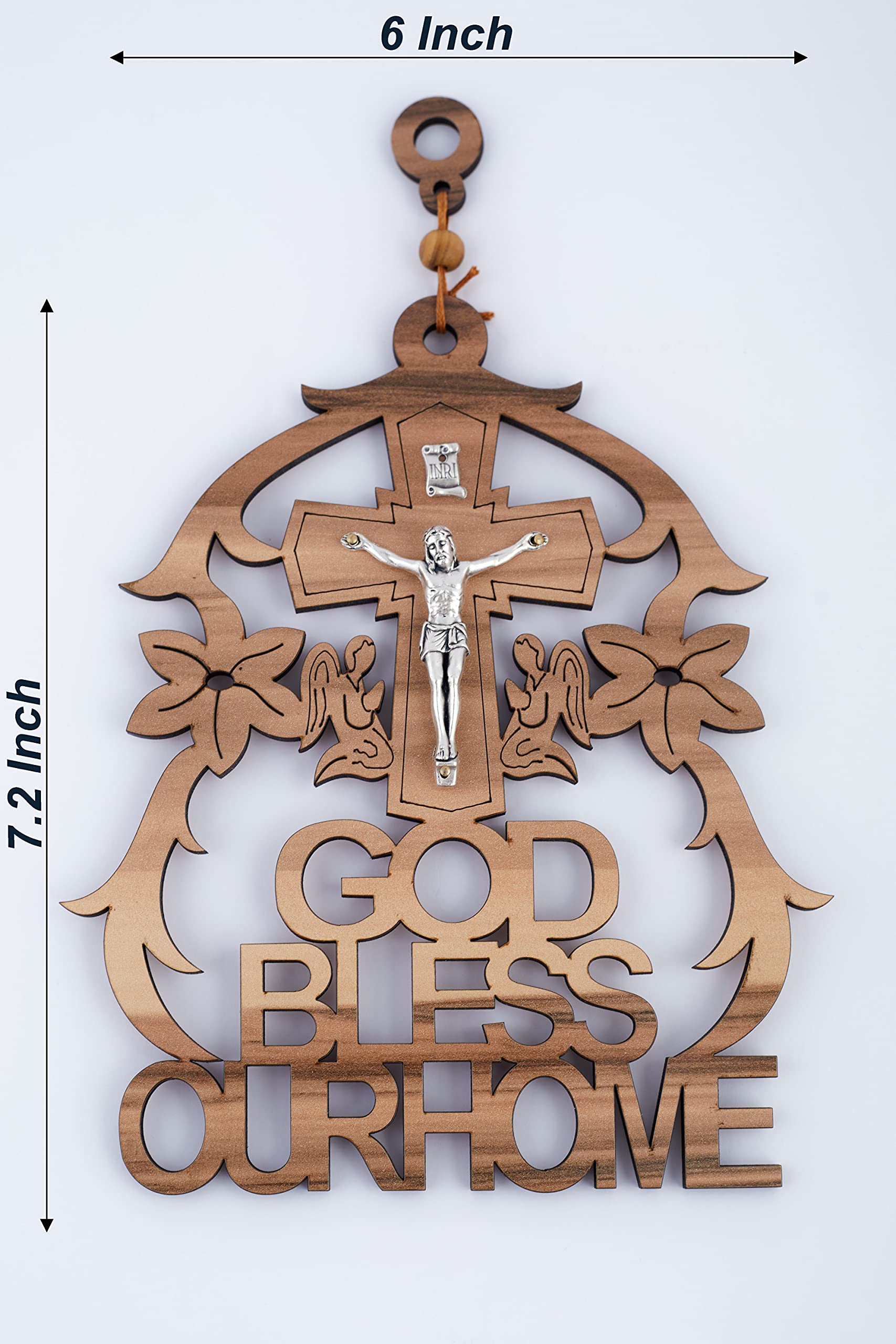 Wooden 'God Bless Our Home' Plaque with Crucifix Cross (7.2 Inch) - Handcrafted Religious Home Decor from Israel - Perfect for Wall Display in Living Room, Bedroom or Entryway